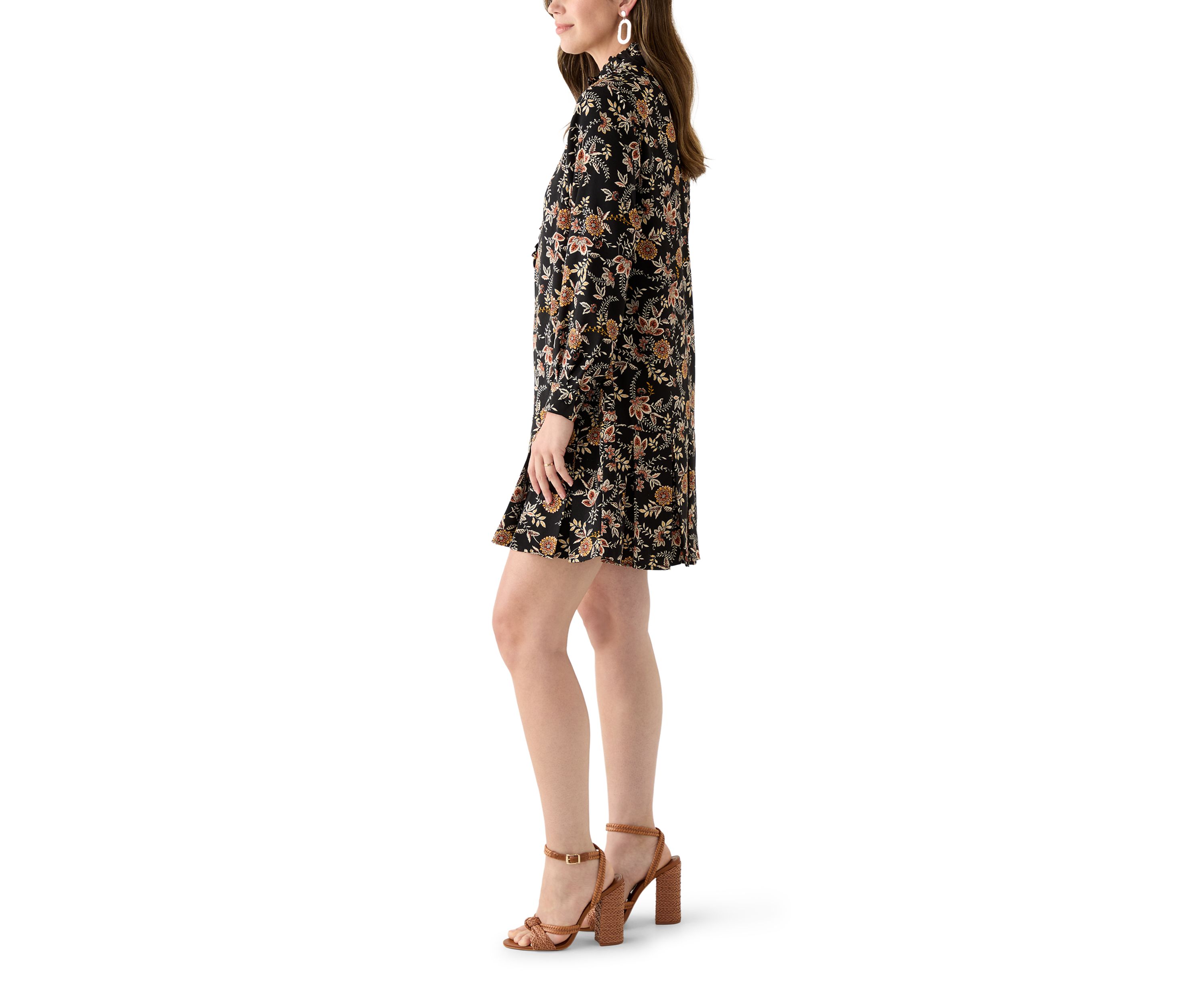 Womens Long Sleeve Floral Ruffle Neck Mini Babydoll Dress