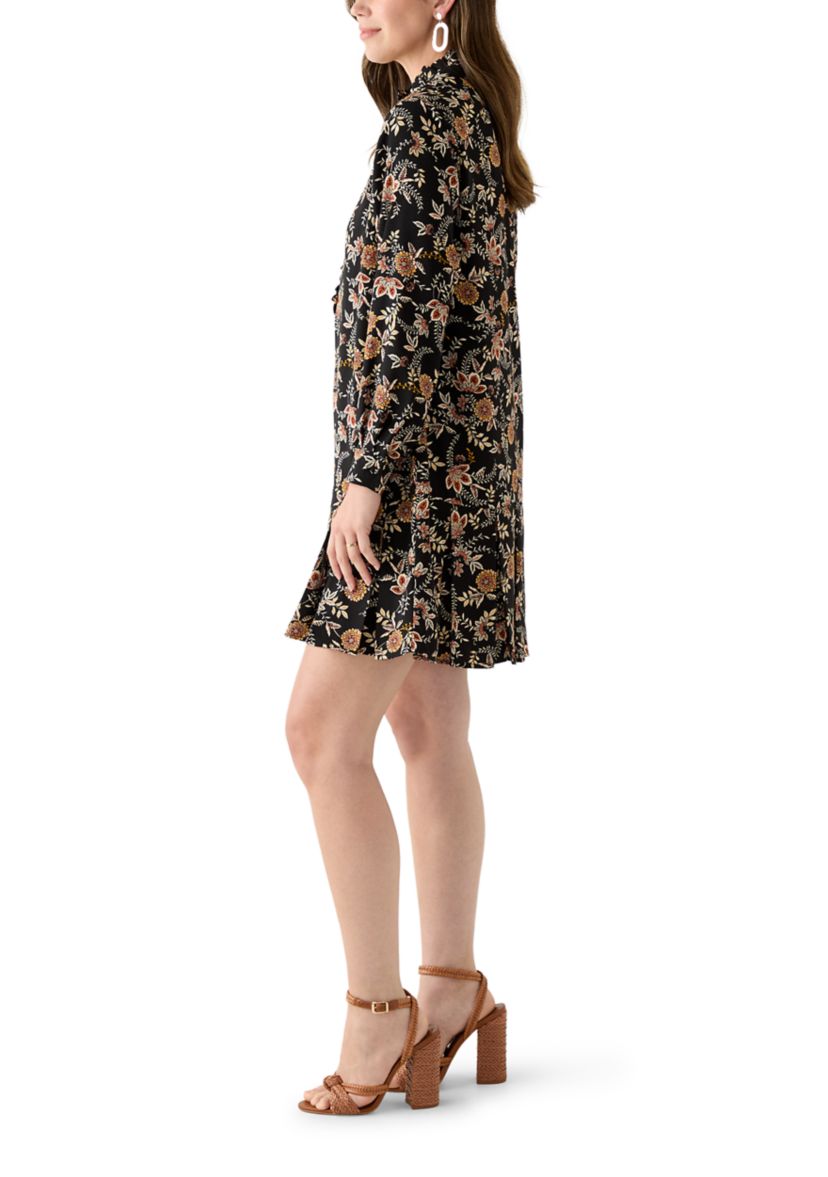 Womens Long Sleeve Floral Ruffle Neck Mini Babydoll Dress