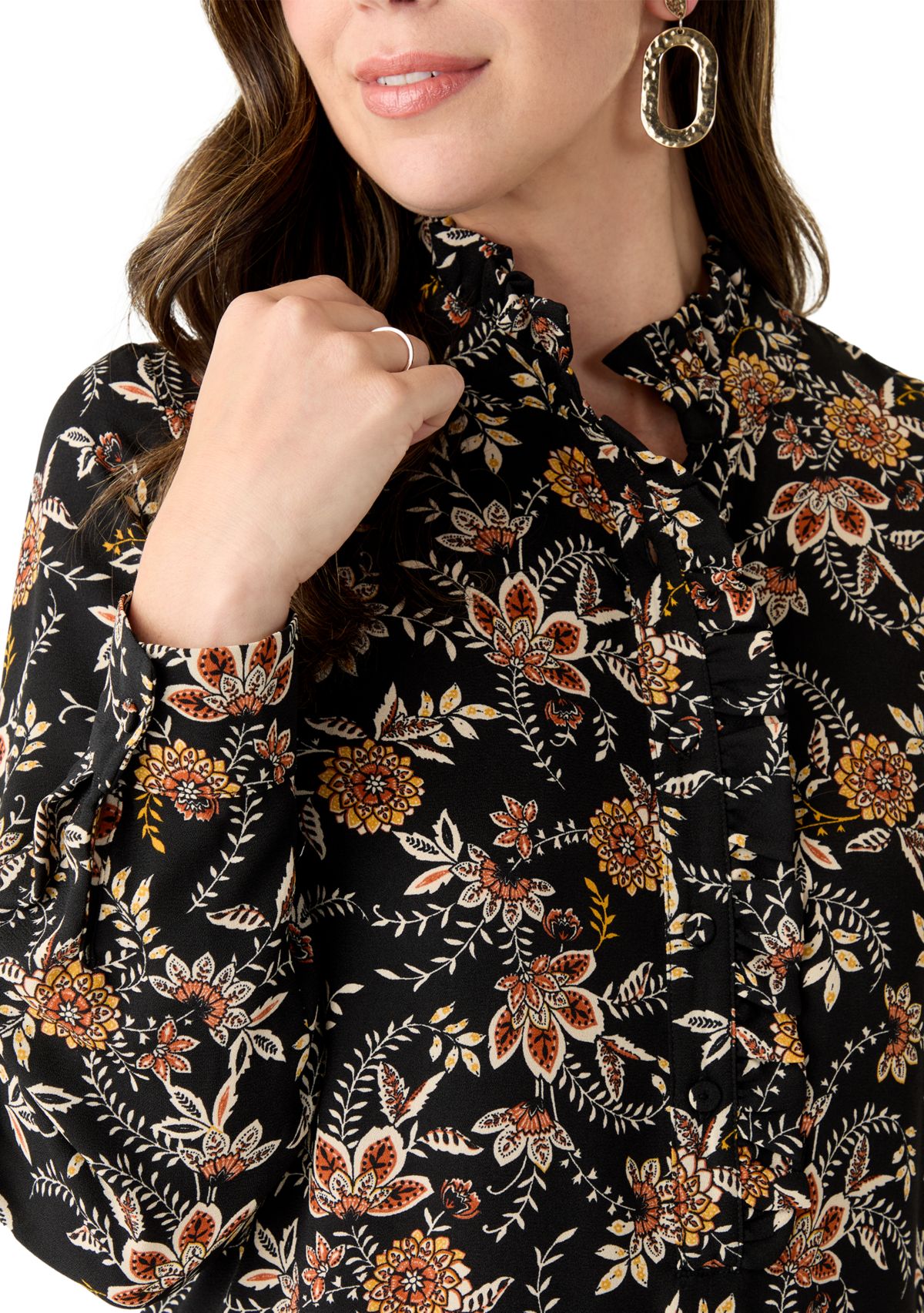 Womens Long Sleeve Floral Ruffle Neck Mini Babydoll Dress