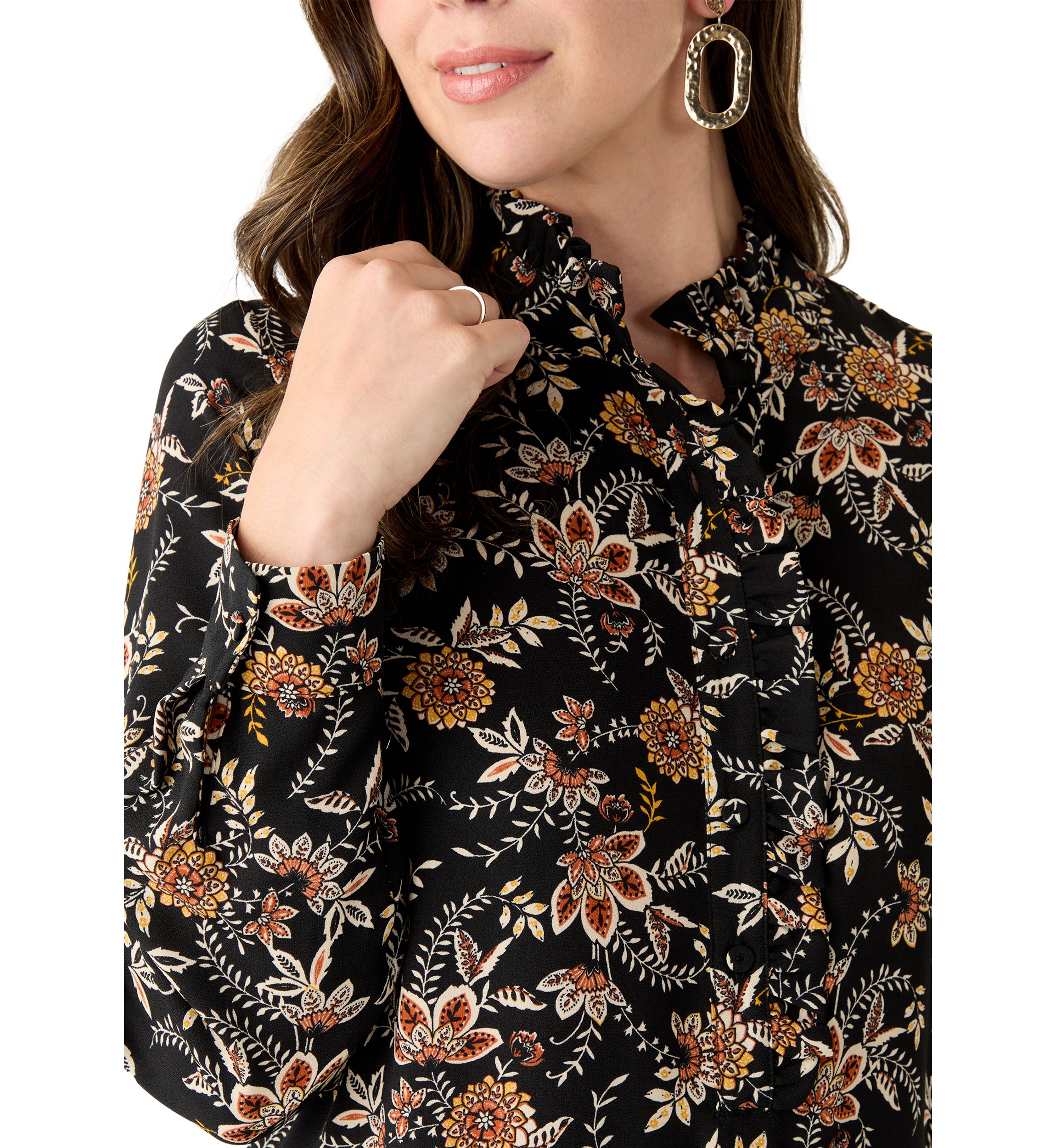 Womens Long Sleeve Floral Ruffle Neck Mini Babydoll Dress
