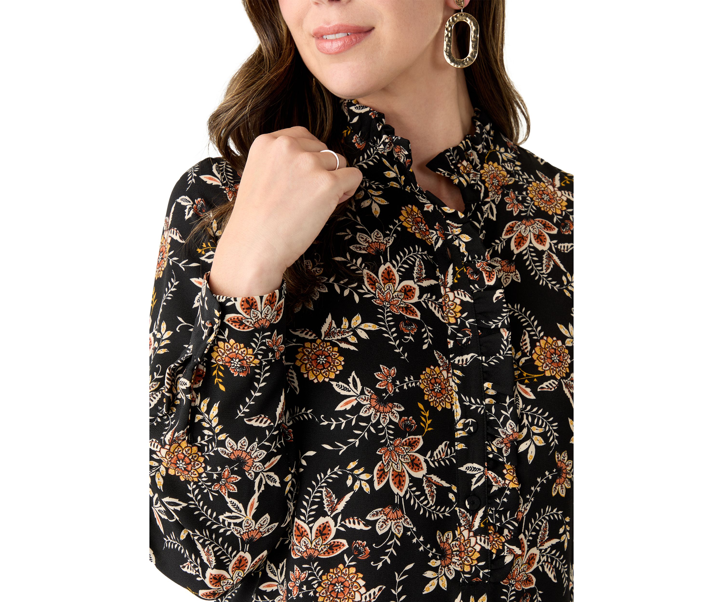 Womens Long Sleeve Floral Ruffle Neck Mini Babydoll Dress