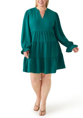 Emma & Michelle Women's Plus Size Long Sleeve Tiered Babydoll Dress, Teal, 3X
