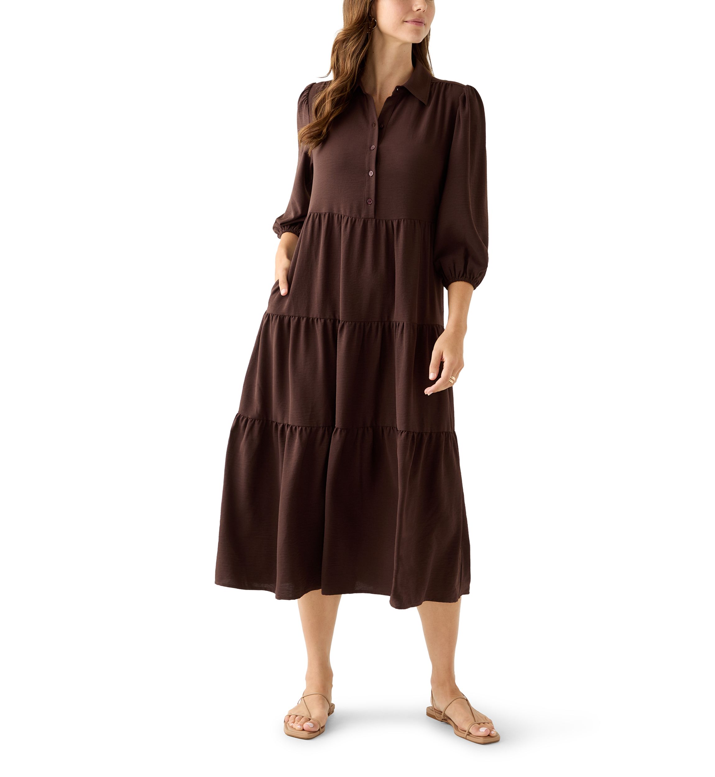 Womens 3/4 Puff Sleeve Button Down Collared Dress