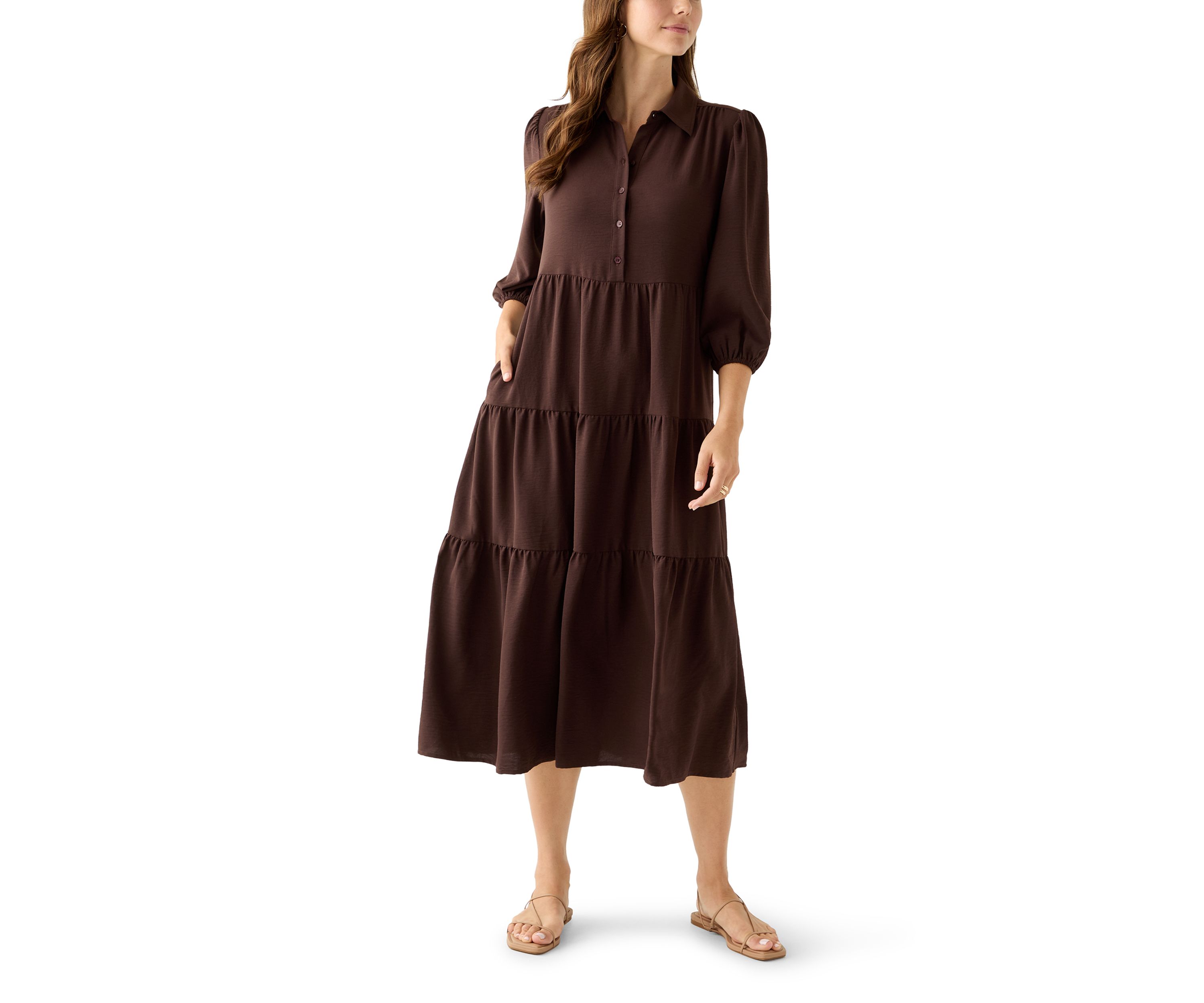 Womens 3/4 Puff Sleeve Button Down Collared Dress