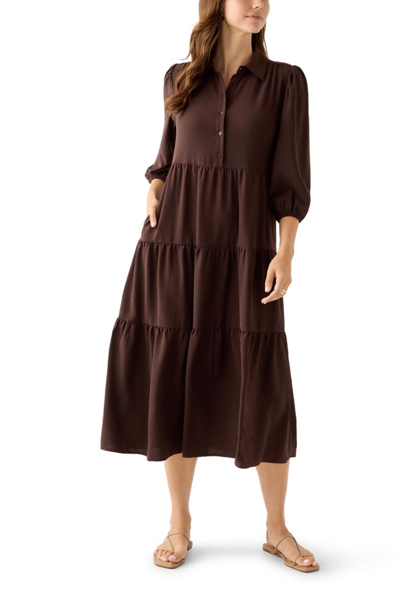 Womens 3/4 Puff Sleeve Button Down Collared Dress