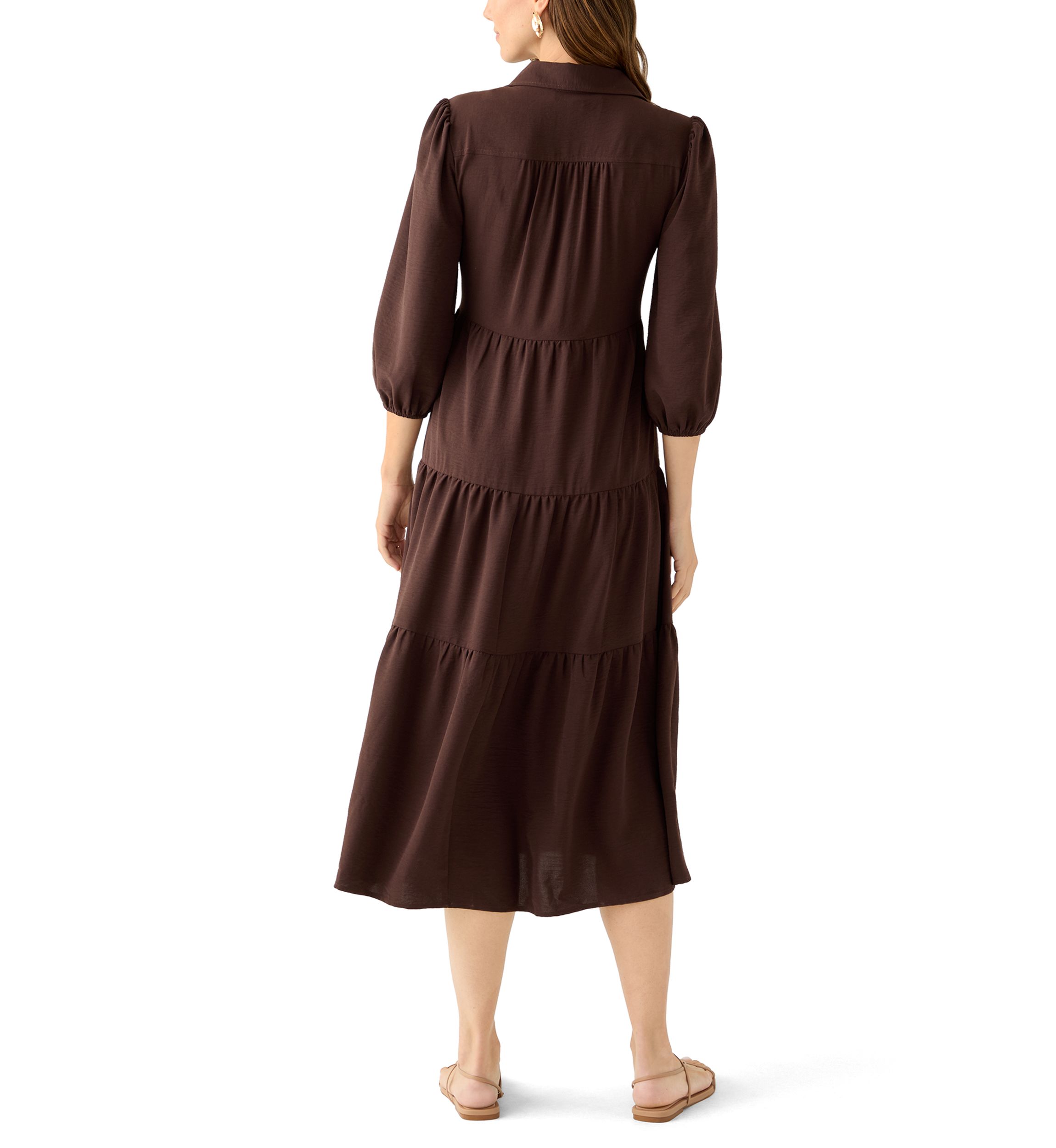 Womens 3/4 Puff Sleeve Button Down Collared Dress