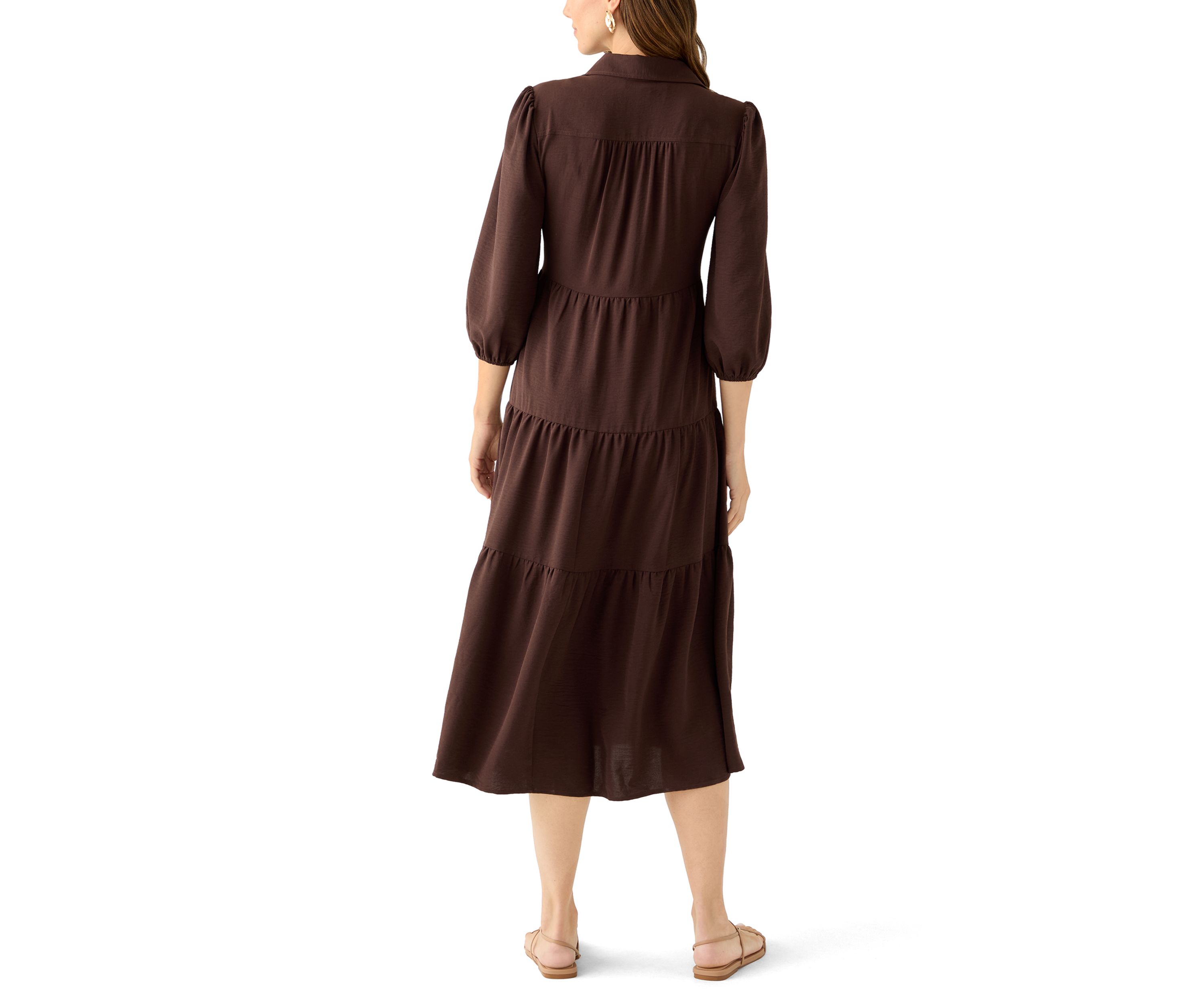 Womens 3/4 Puff Sleeve Button Down Collared Dress