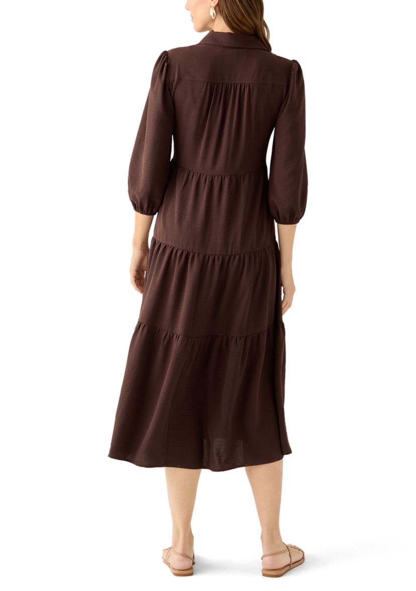Womens 3/4 Puff Sleeve Button Down Collared Dress