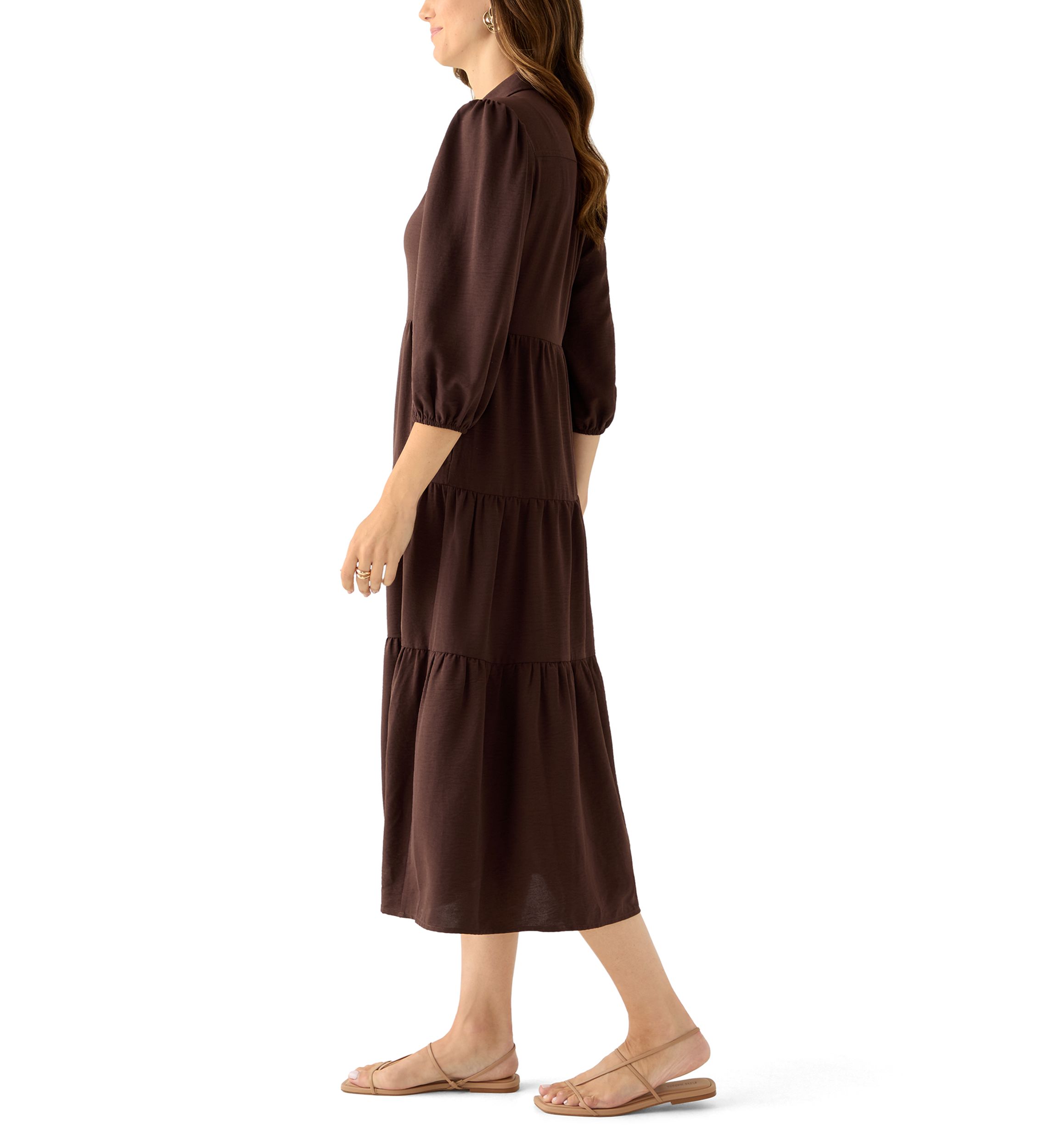 Womens 3/4 Puff Sleeve Button Down Collared Dress