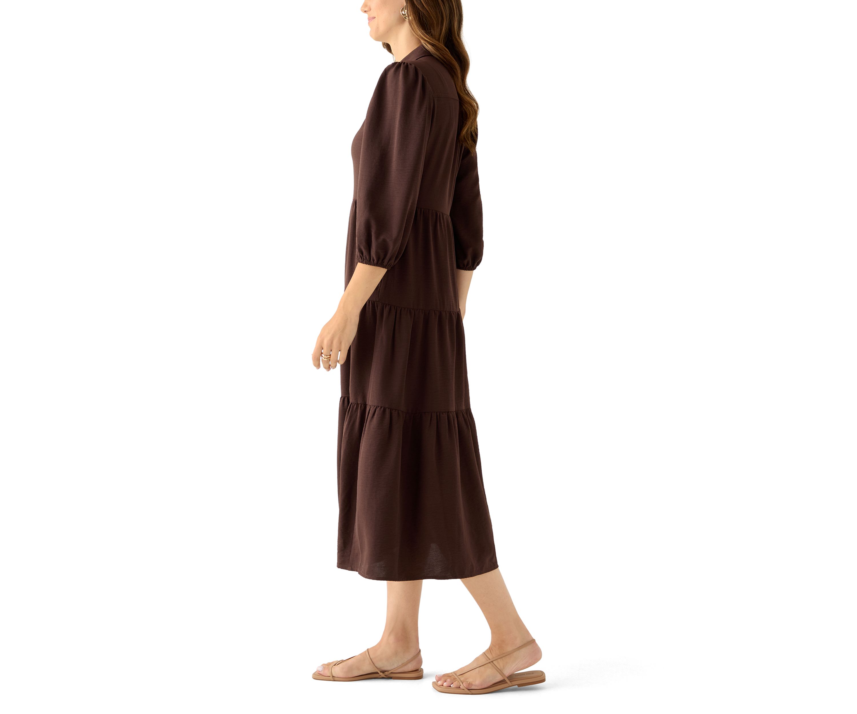 Womens 3/4 Puff Sleeve Button Down Collared Dress