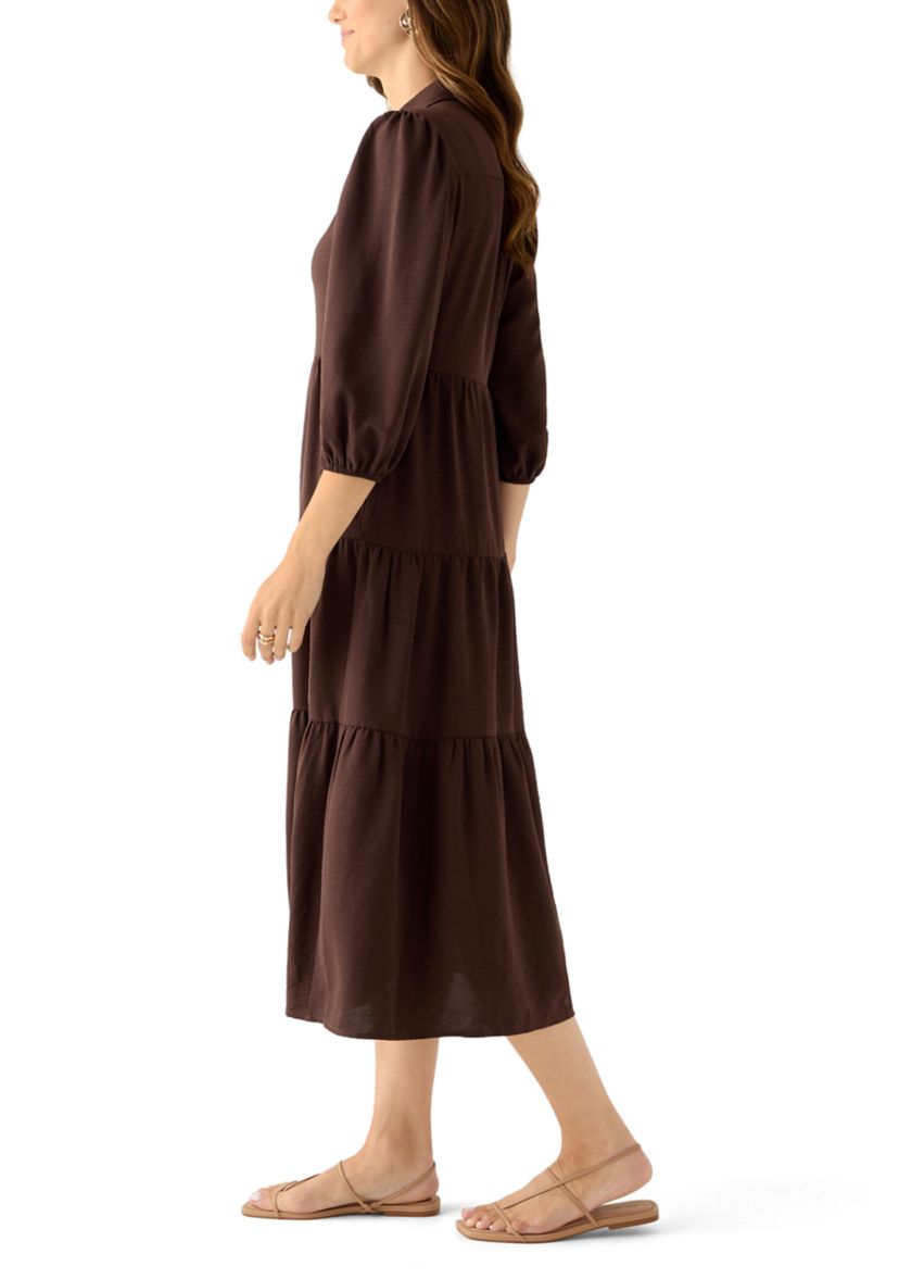 Womens 3/4 Puff Sleeve Button Down Collared Dress