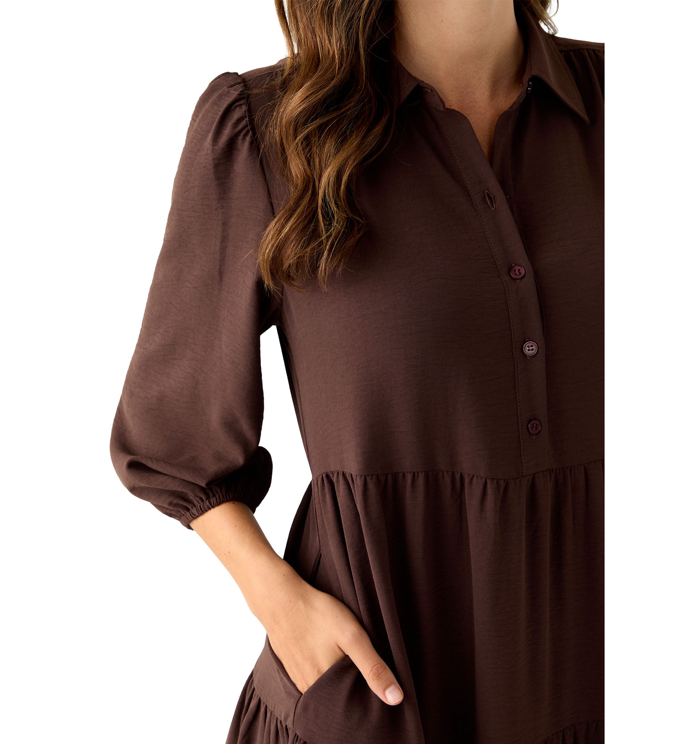 Womens 3/4 Puff Sleeve Button Down Collared Dress