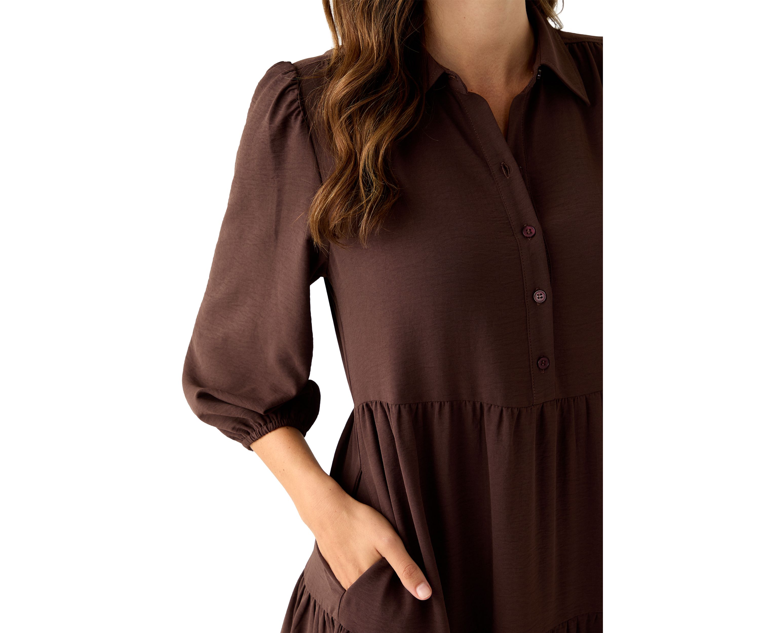 Womens 3/4 Puff Sleeve Button Down Collared Dress