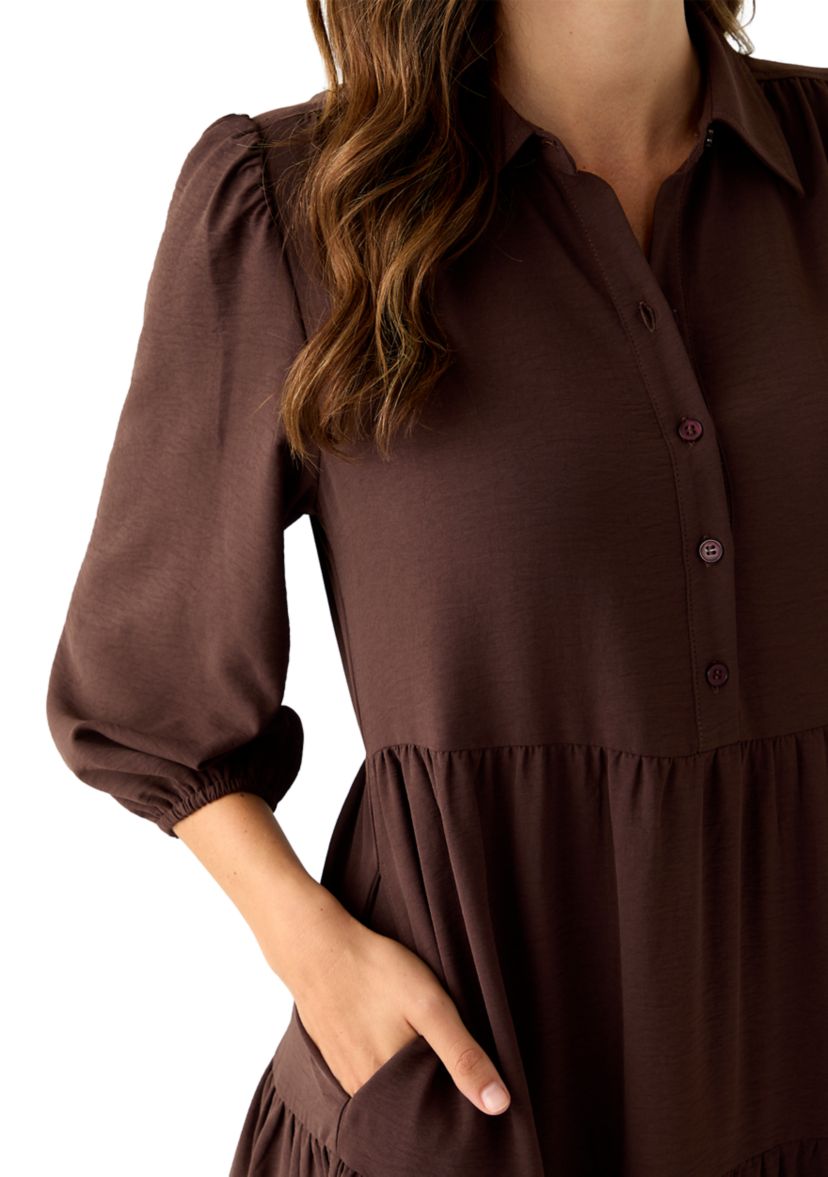 Womens 3/4 Puff Sleeve Button Down Collared Dress