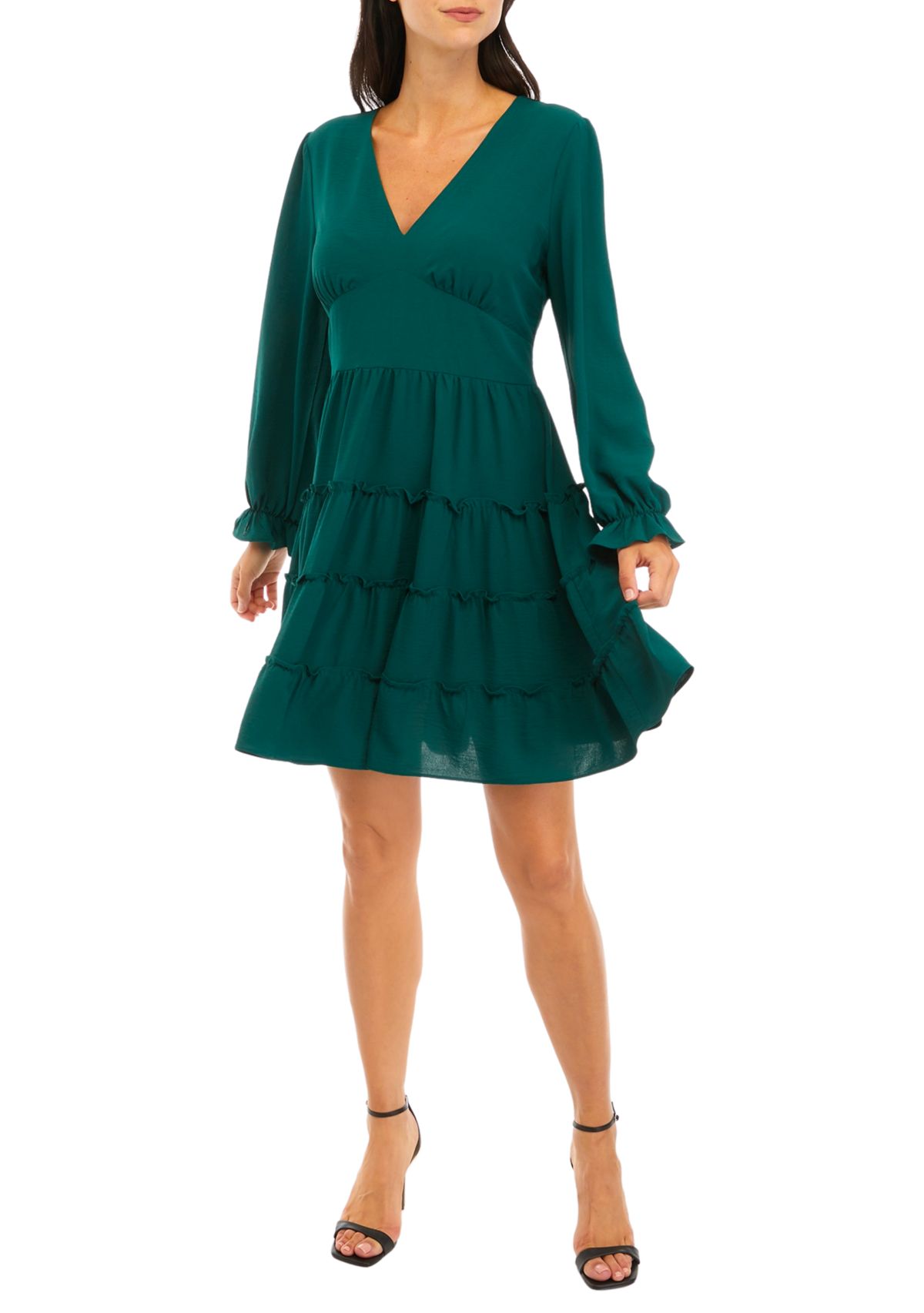 Womens Long Sleeve V-Neck Ruffle Babydoll Chiffon Dress