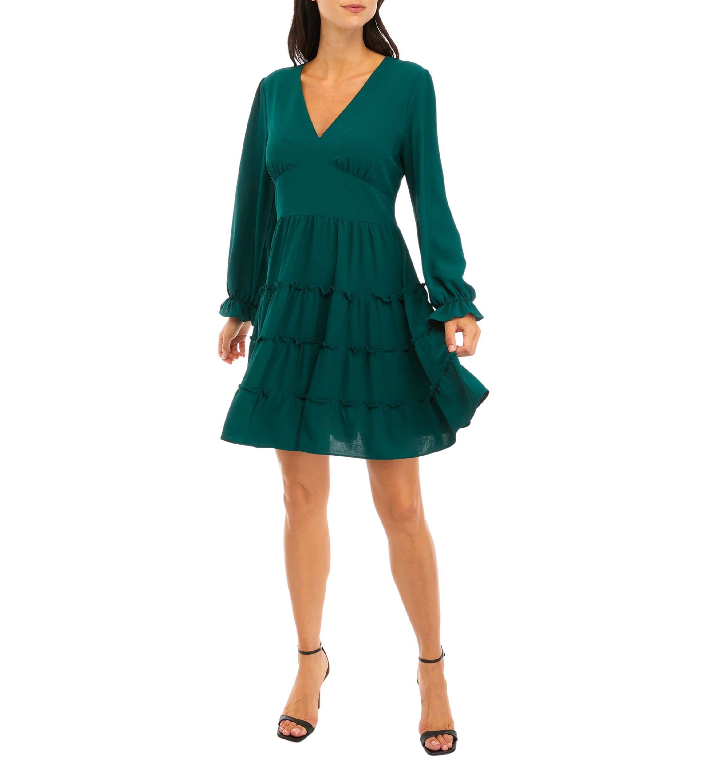 Womens Long Sleeve V-Neck Ruffle Babydoll Chiffon Dress