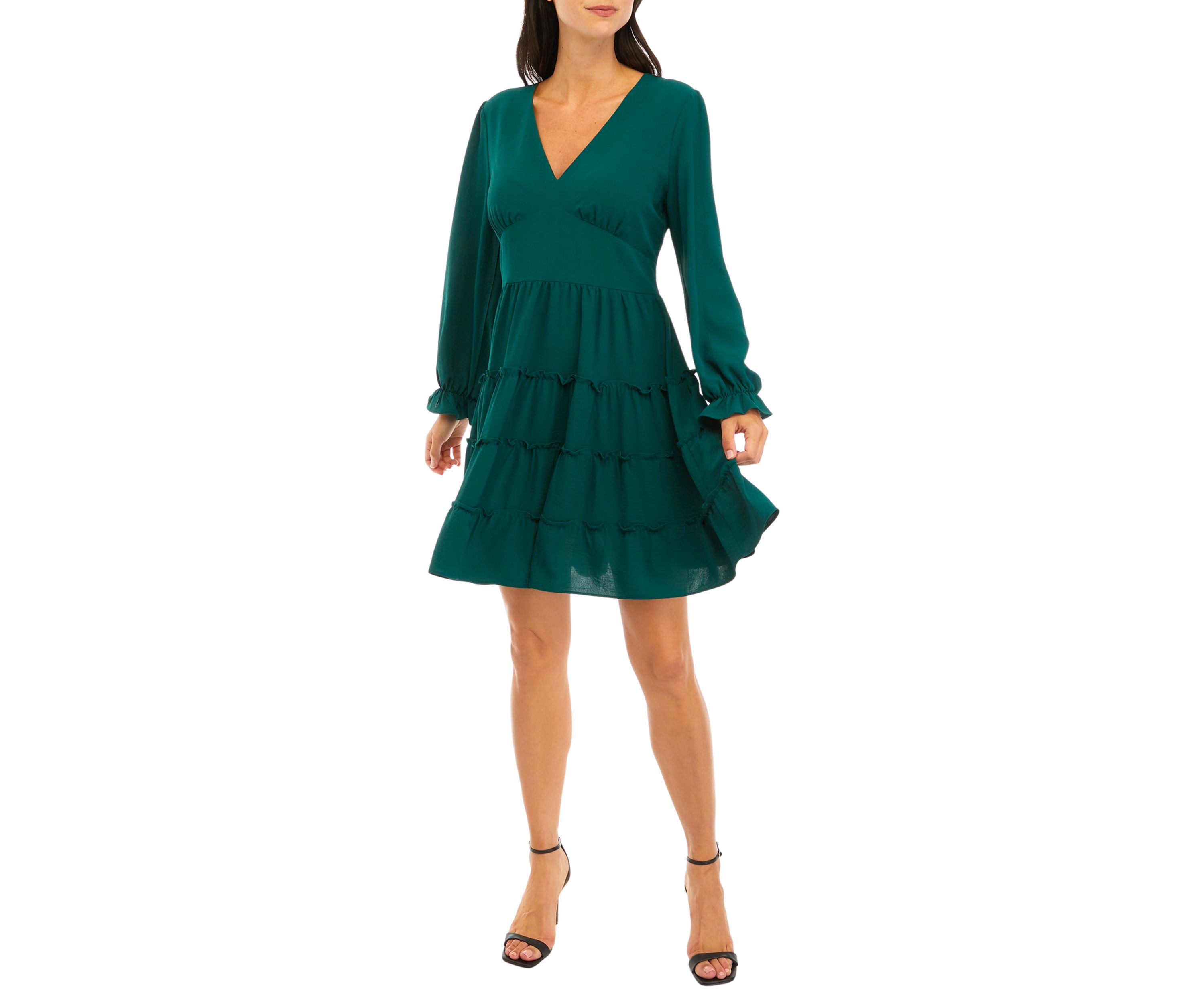Womens Long Sleeve V-Neck Ruffle Babydoll Chiffon Dress