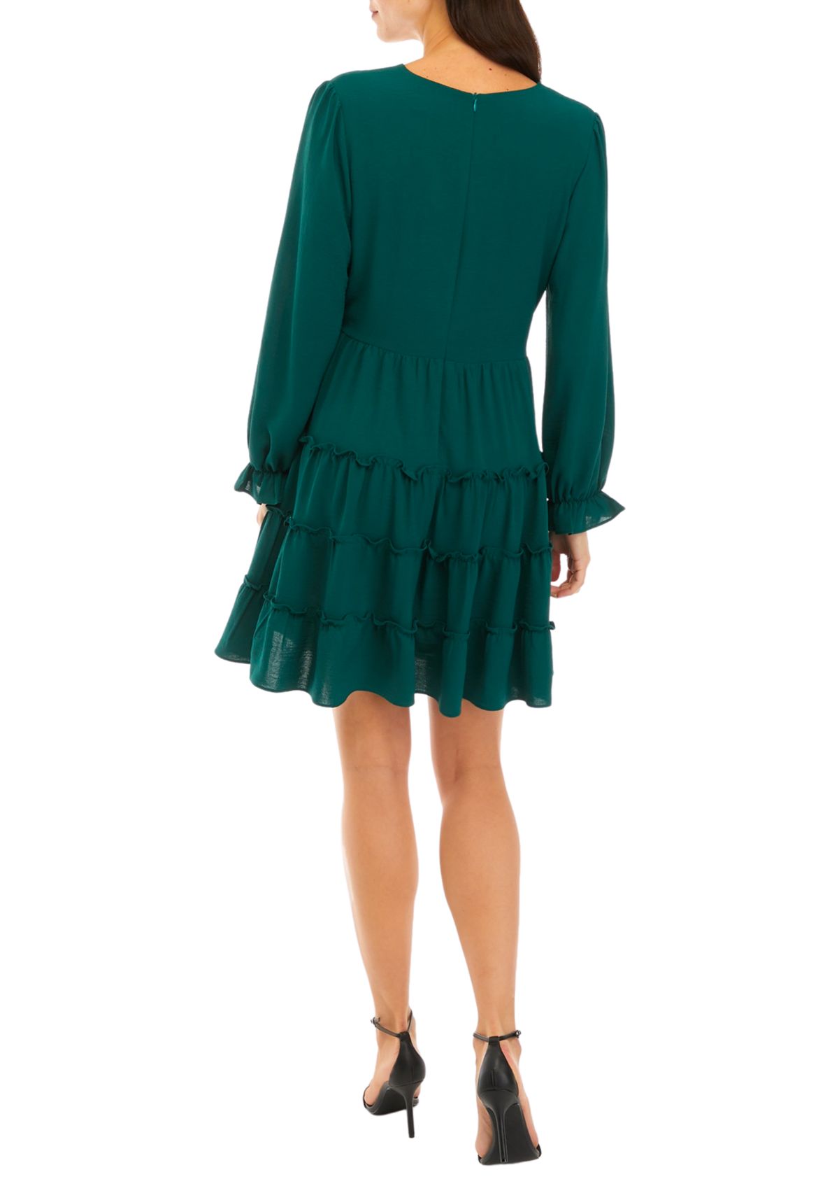 Womens Long Sleeve V-Neck Ruffle Babydoll Chiffon Dress
