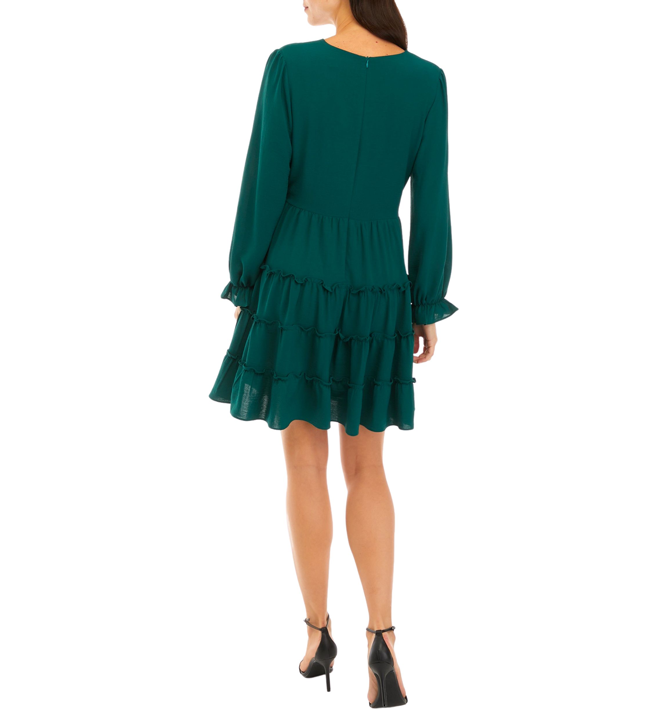 Womens Long Sleeve V-Neck Ruffle Babydoll Chiffon Dress