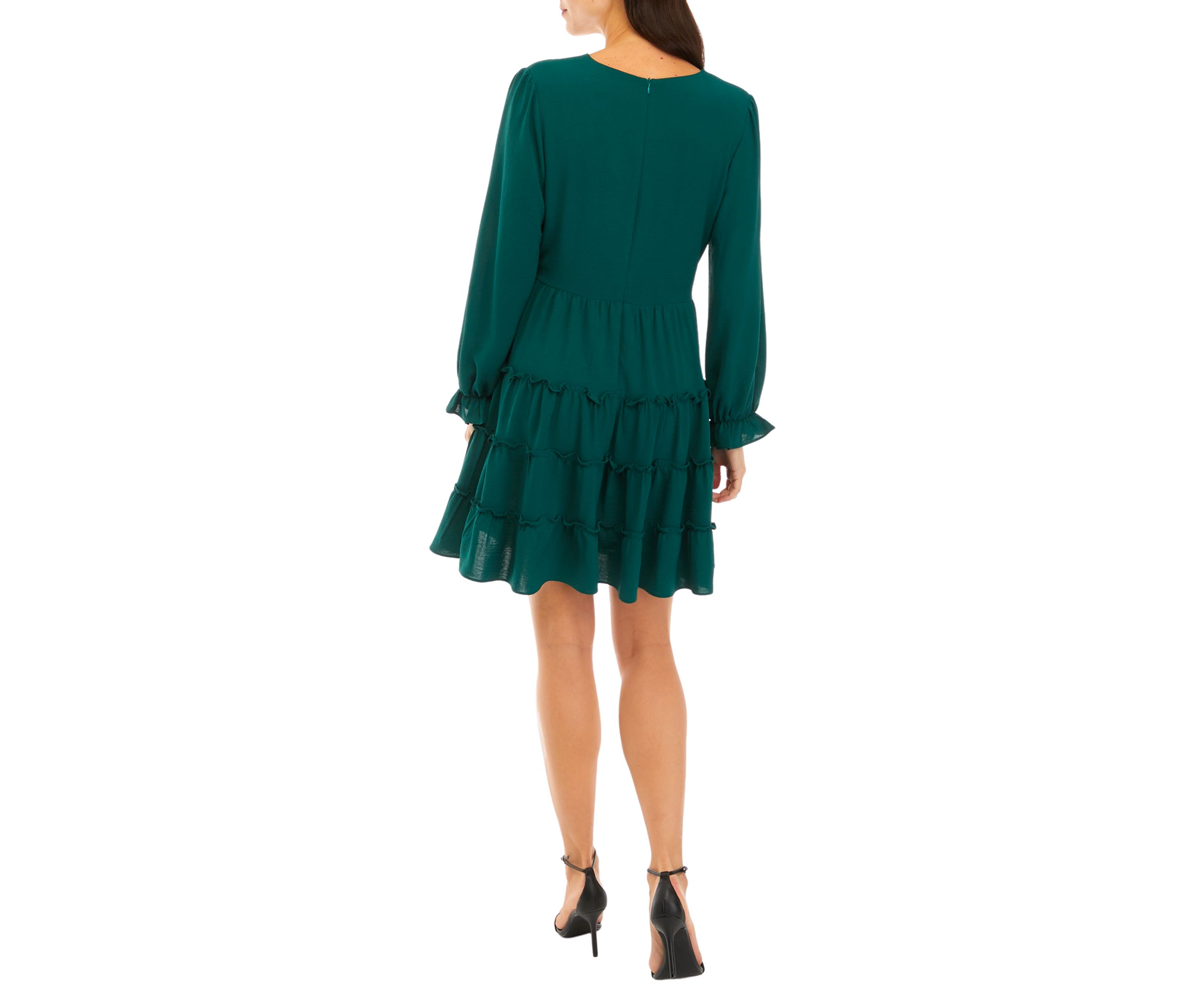 Womens Long Sleeve V-Neck Ruffle Babydoll Chiffon Dress