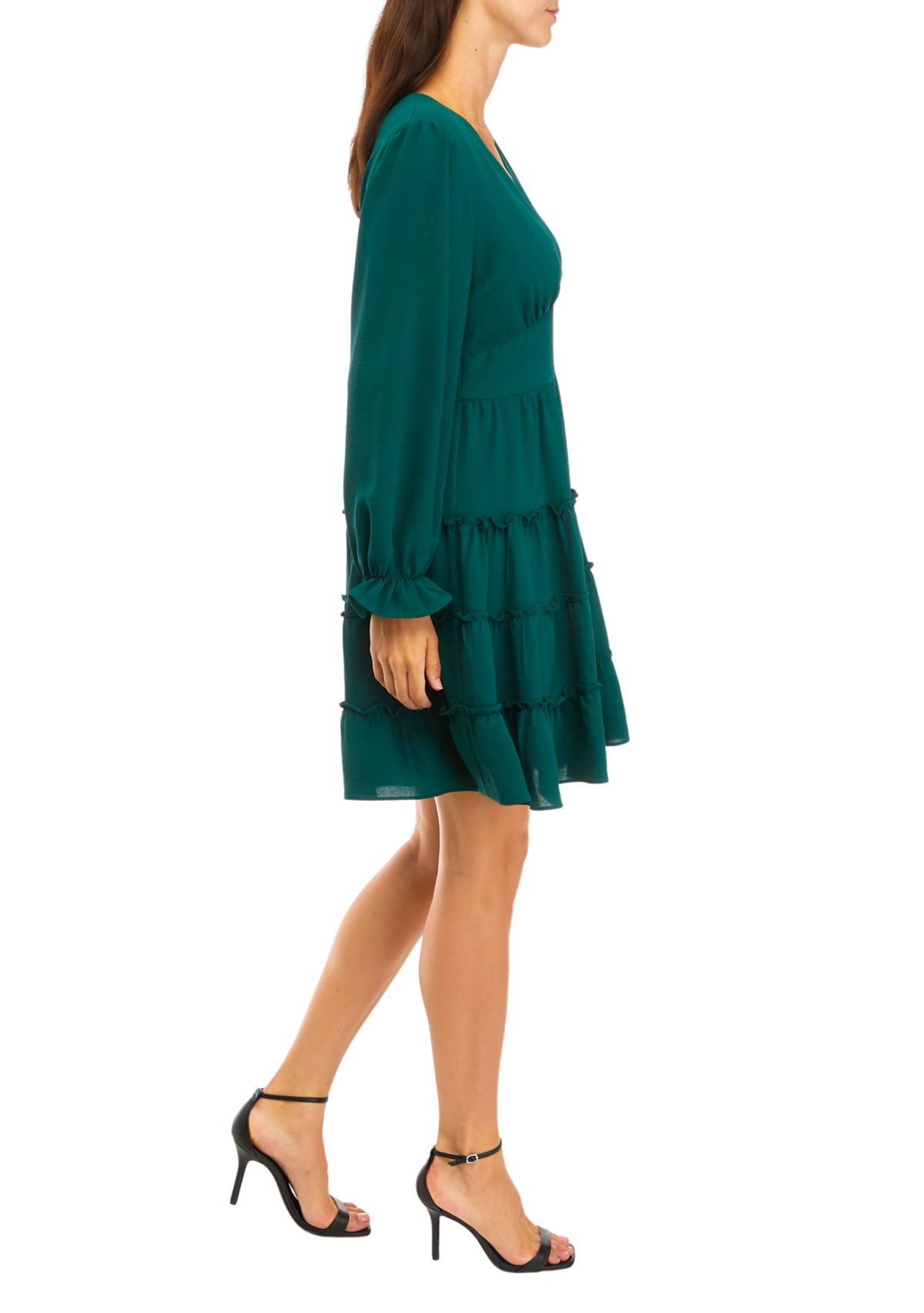 Womens Long Sleeve V-Neck Ruffle Babydoll Chiffon Dress