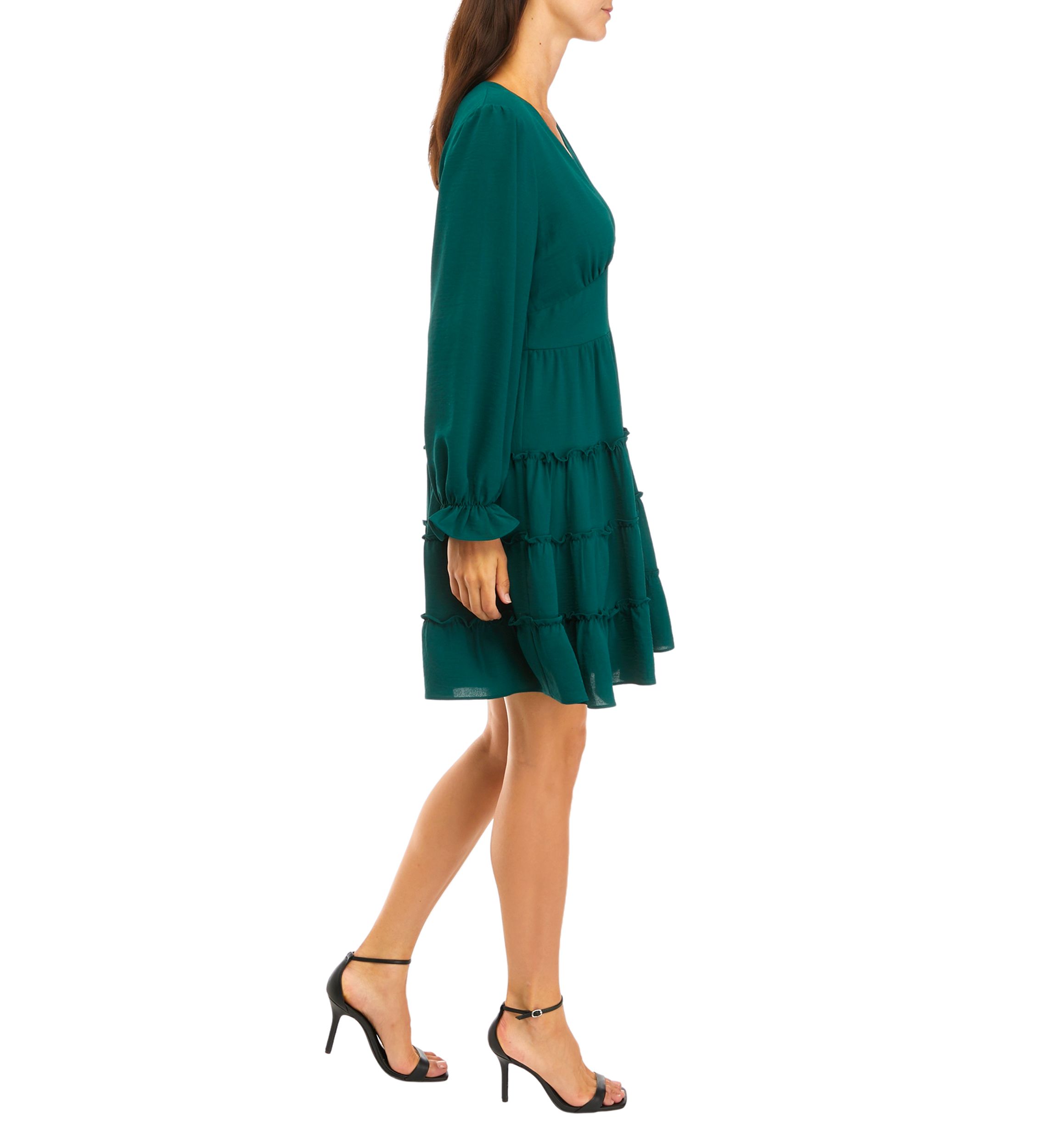Womens Long Sleeve V-Neck Ruffle Babydoll Chiffon Dress