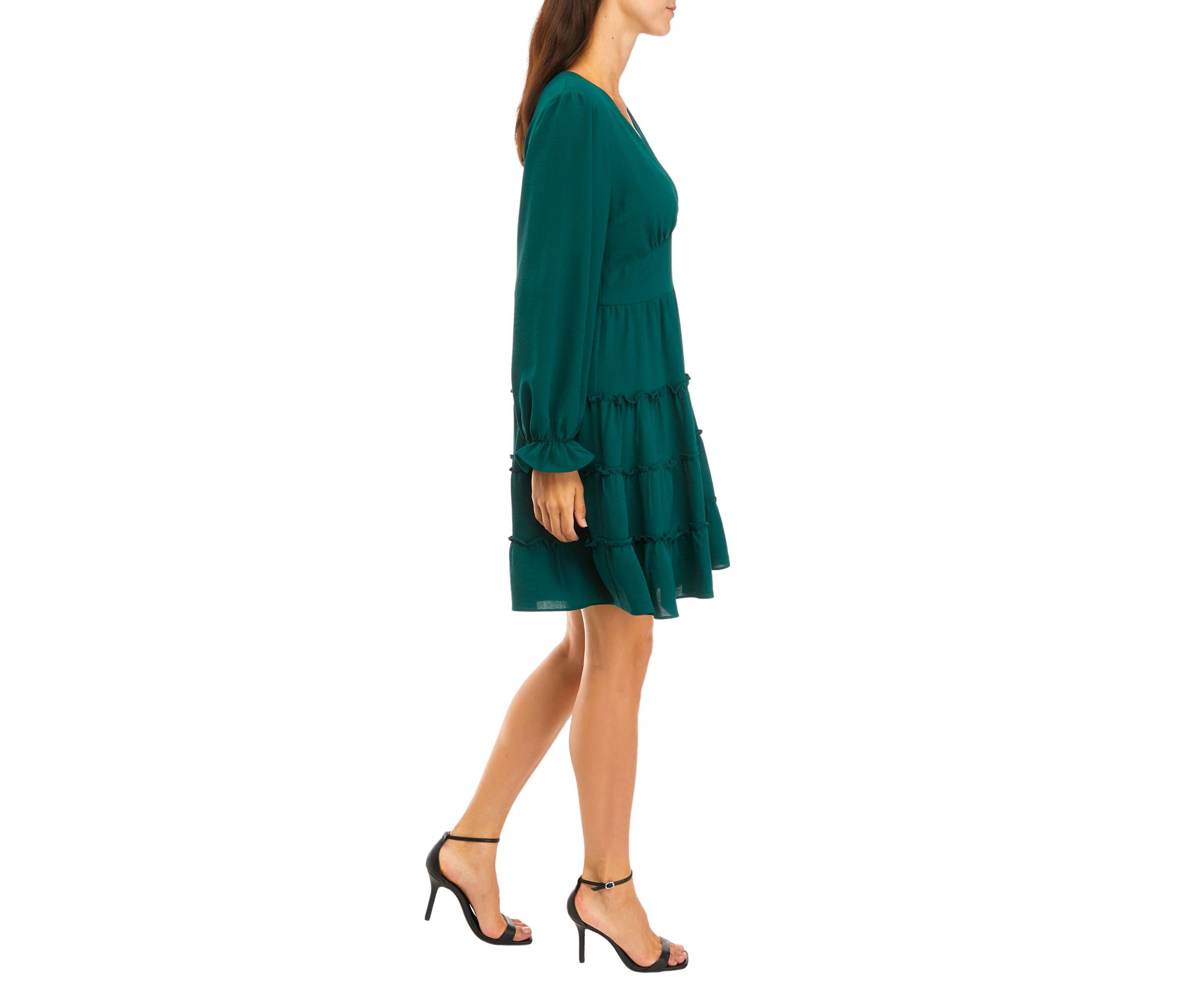 Womens Long Sleeve V-Neck Ruffle Babydoll Chiffon Dress