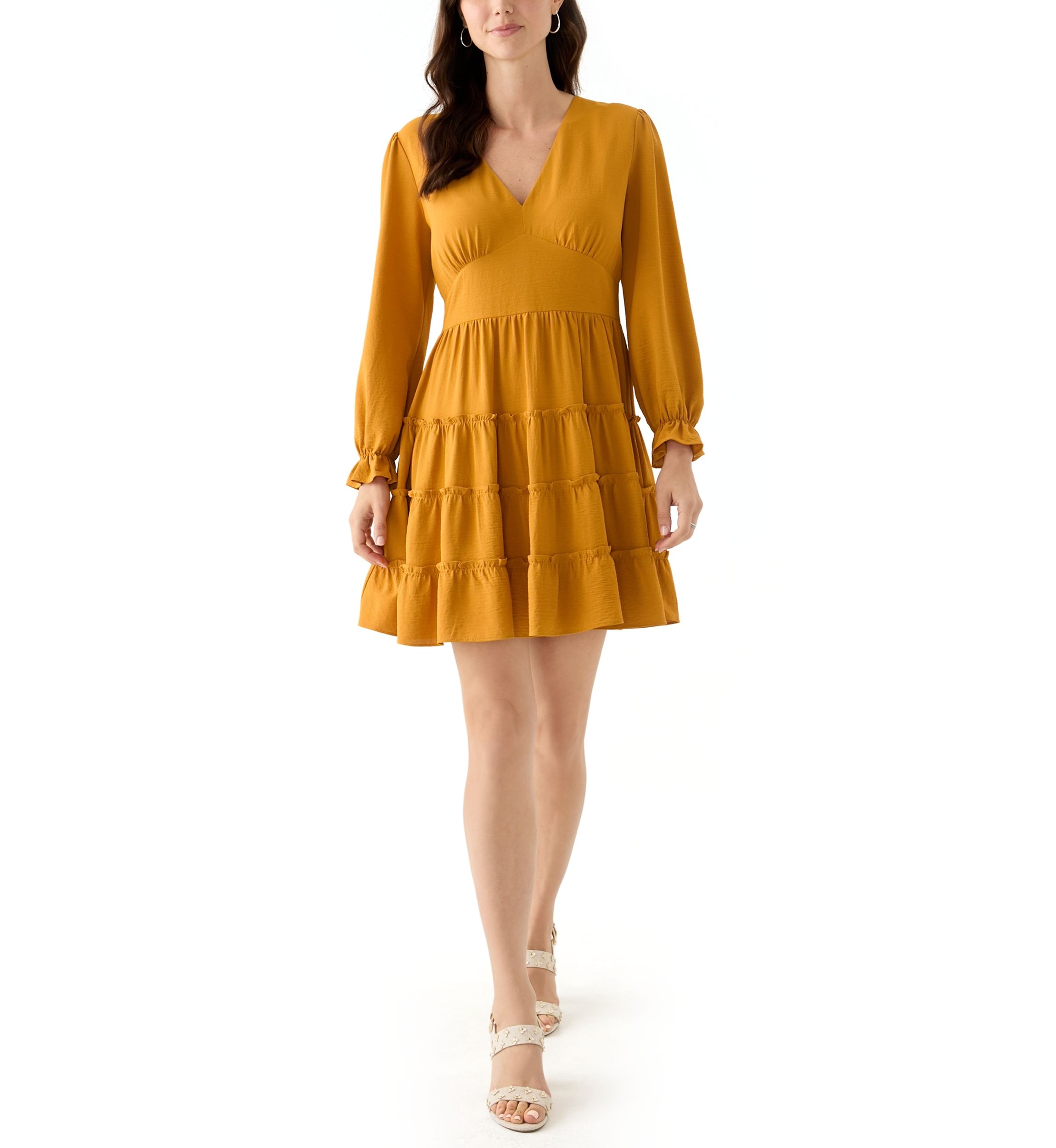 Womens Long Sleeve V-Neck Solid Tiered Airflow Mini Dress