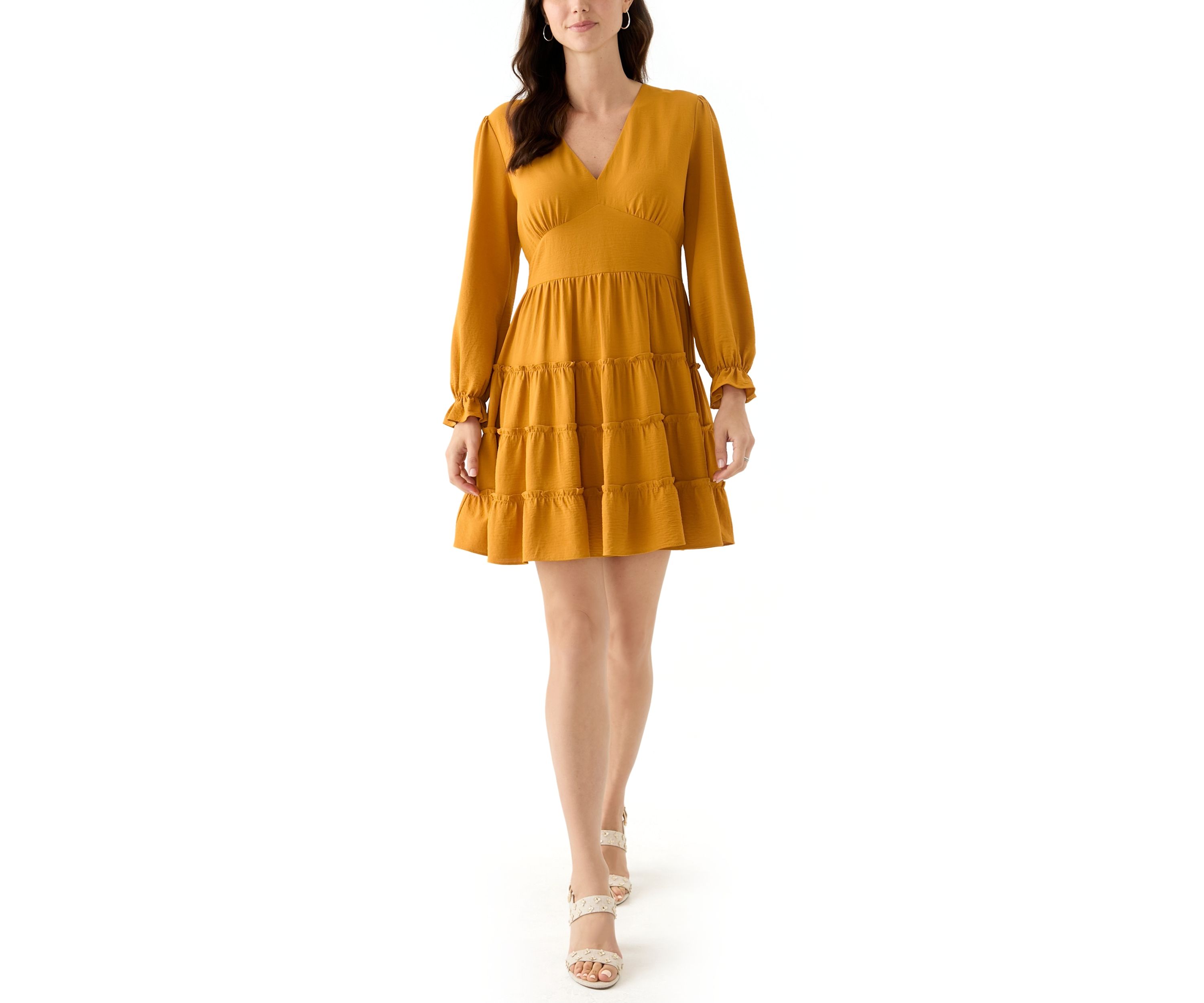 Womens Long Sleeve V-Neck Solid Tiered Airflow Mini Dress