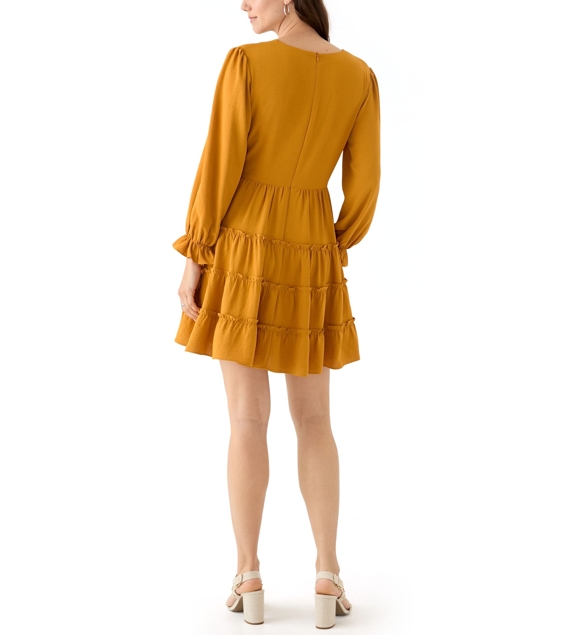 Womens Long Sleeve V-Neck Solid Tiered Airflow Mini Dress