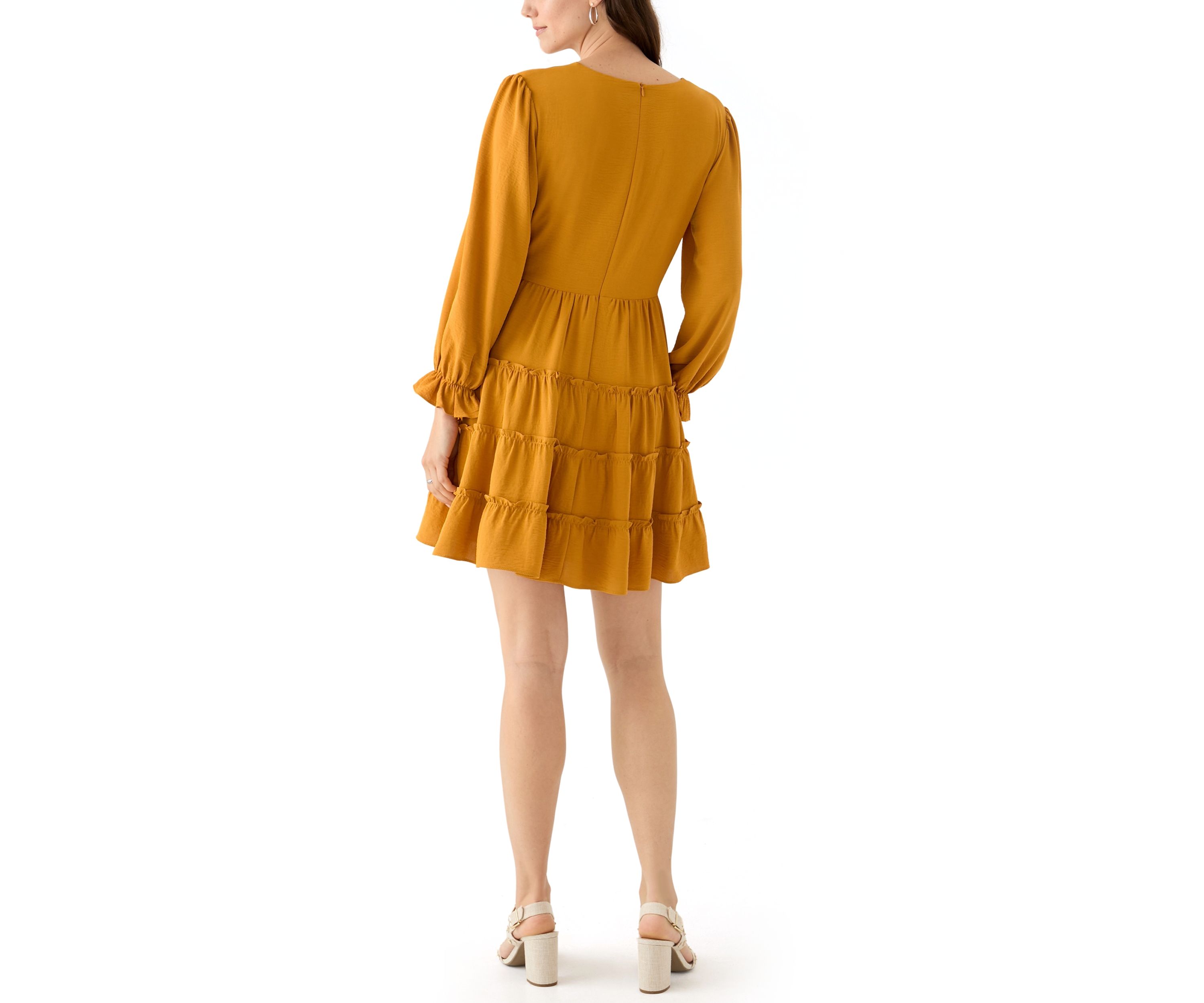 Womens Long Sleeve V-Neck Solid Tiered Airflow Mini Dress