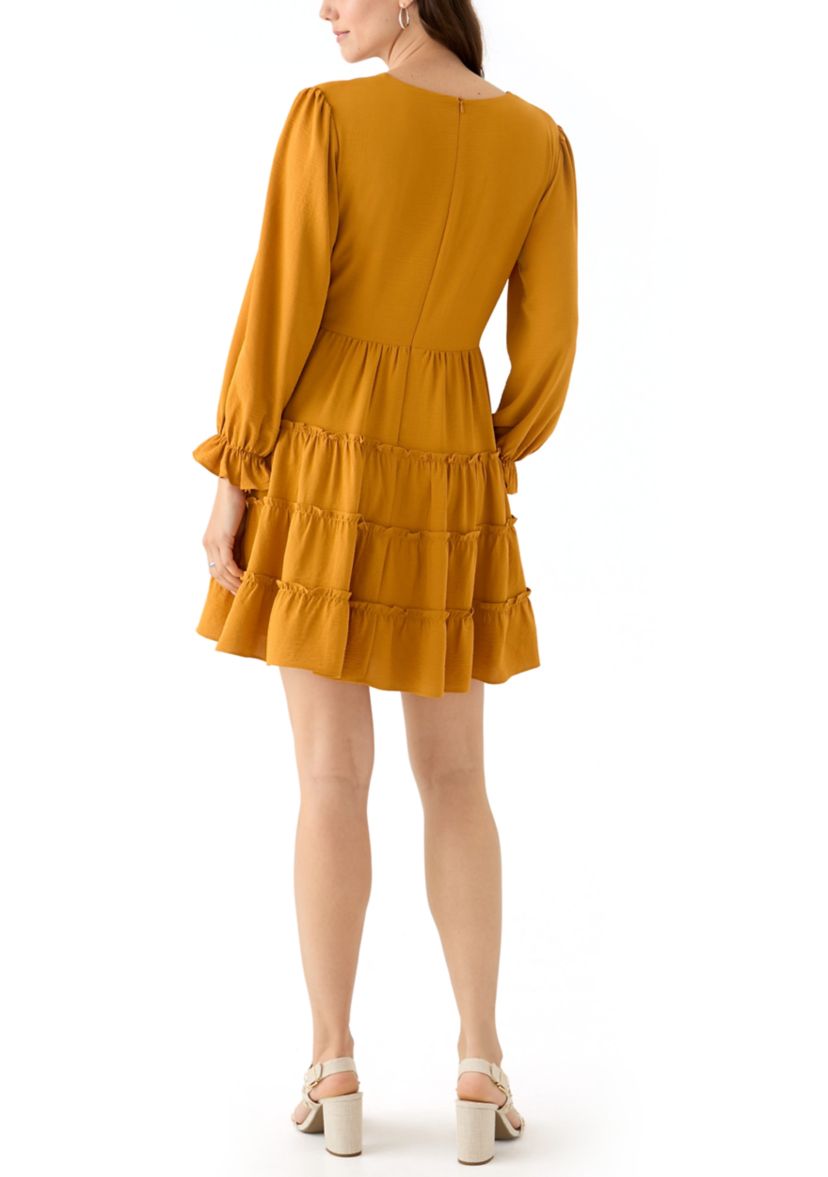 Womens Long Sleeve V-Neck Solid Tiered Airflow Mini Dress