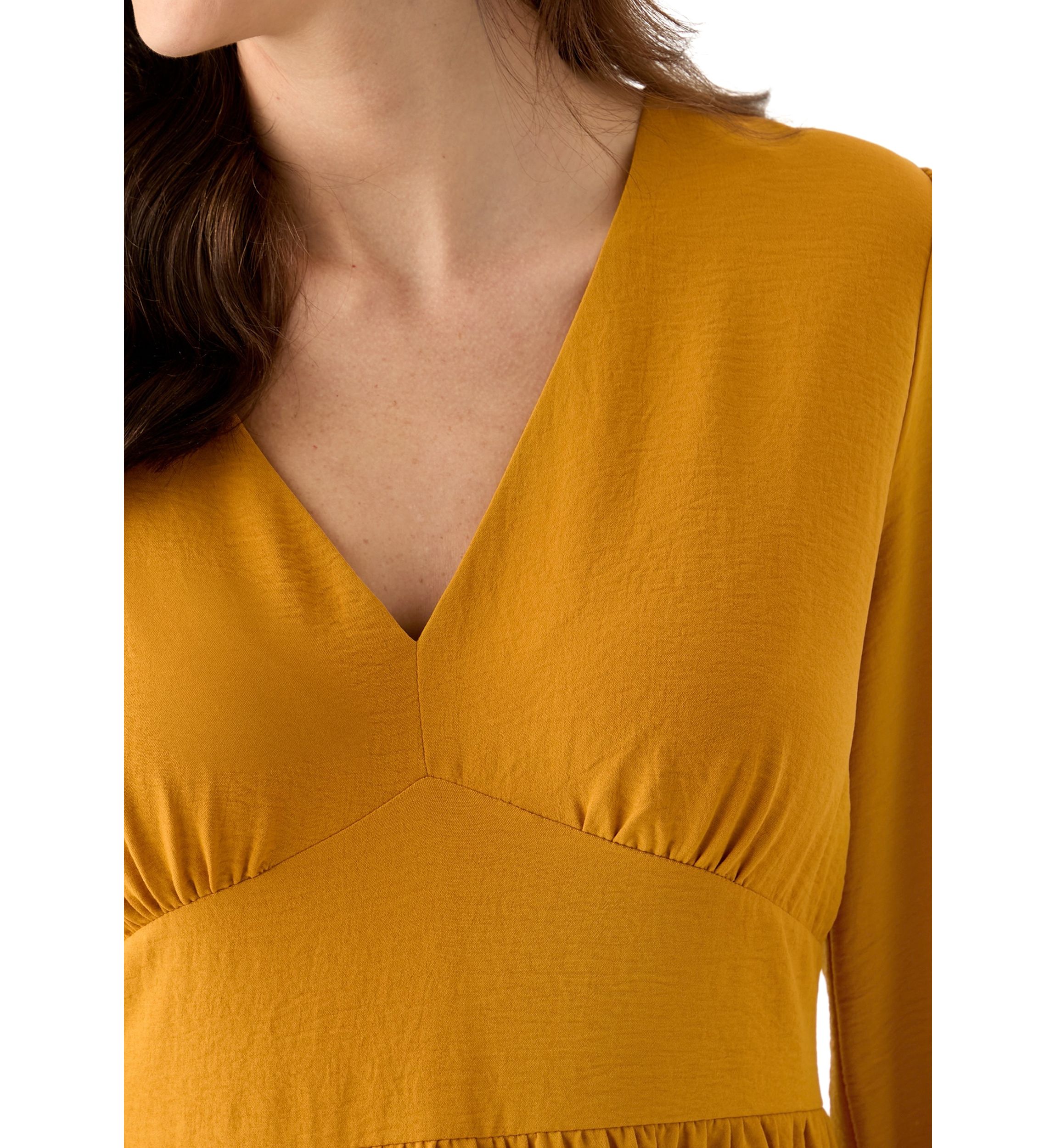 Womens Long Sleeve V-Neck Solid Tiered Airflow Mini Dress