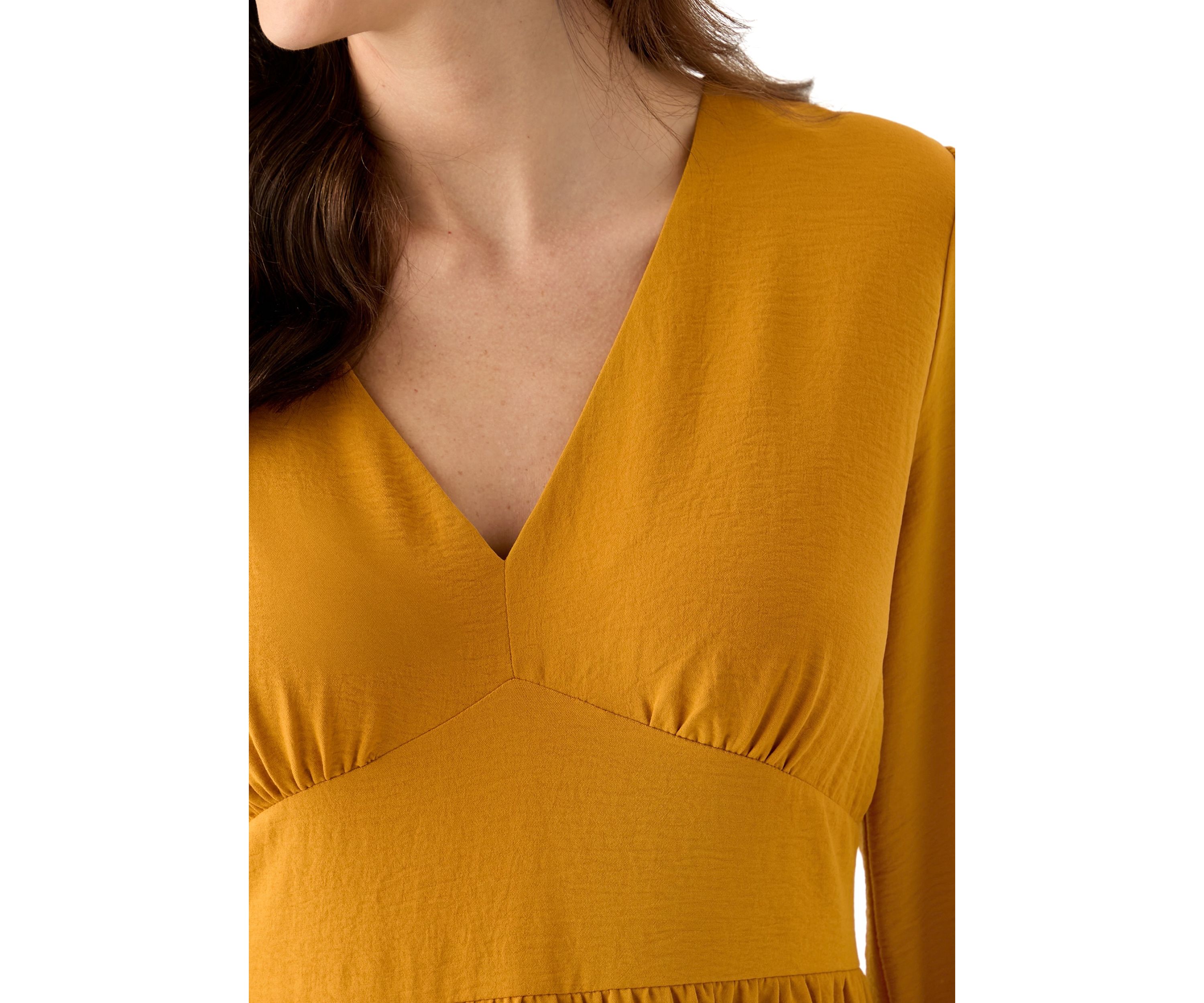 Womens Long Sleeve V-Neck Solid Tiered Airflow Mini Dress