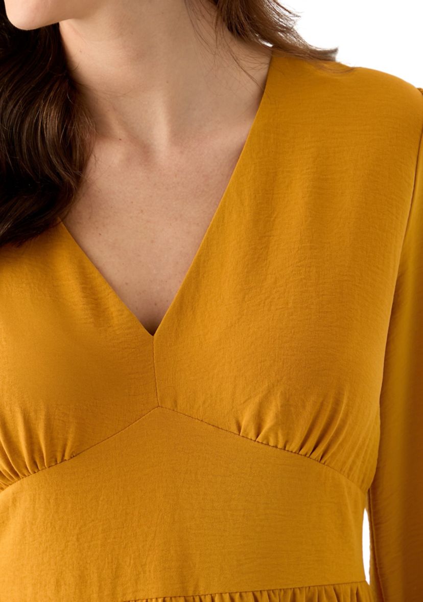 Womens Long Sleeve V-Neck Solid Tiered Airflow Mini Dress