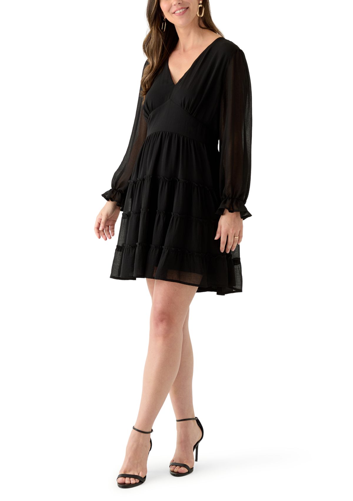 Womens Long Sleeve V-Neck Solid Tier Chiffon Mini Dress
