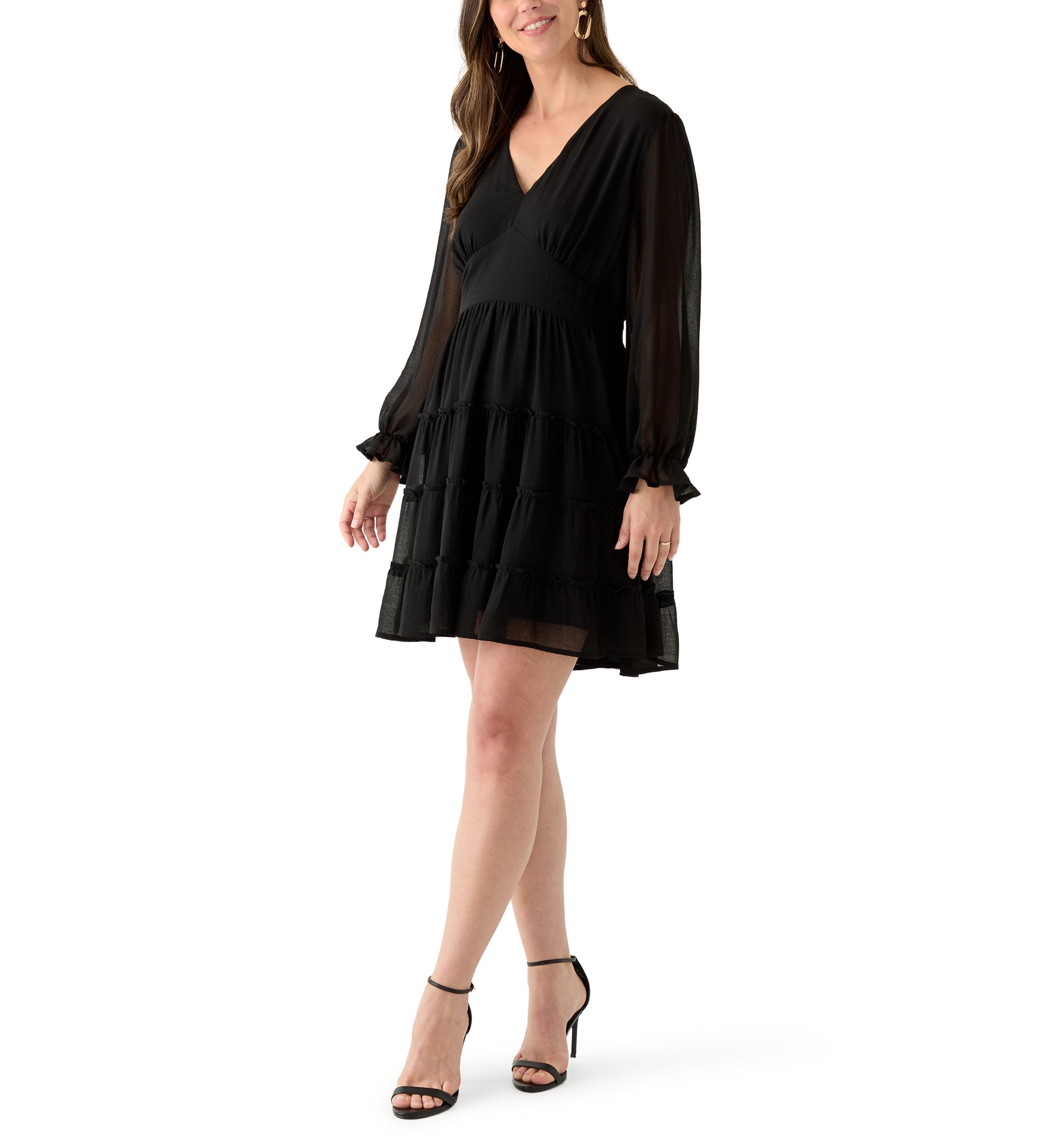 Womens Long Sleeve V-Neck Solid Tier Chiffon Mini Dress