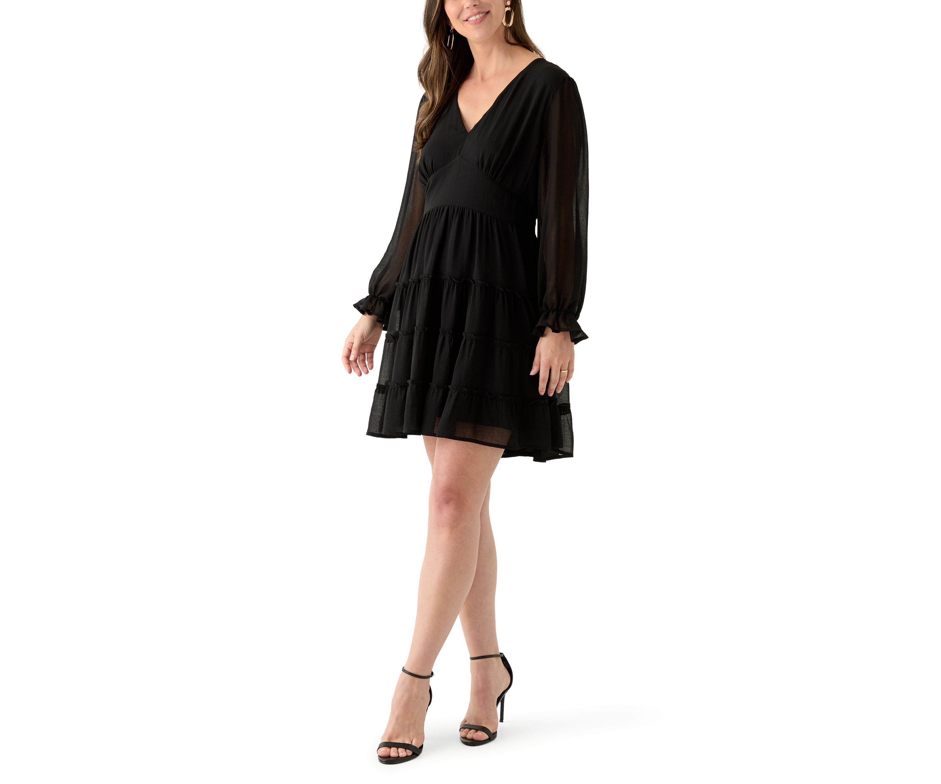 Womens Long Sleeve V-Neck Solid Tier Chiffon Mini Dress