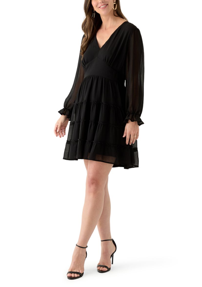 Womens Long Sleeve V-Neck Solid Tier Chiffon Mini Dress