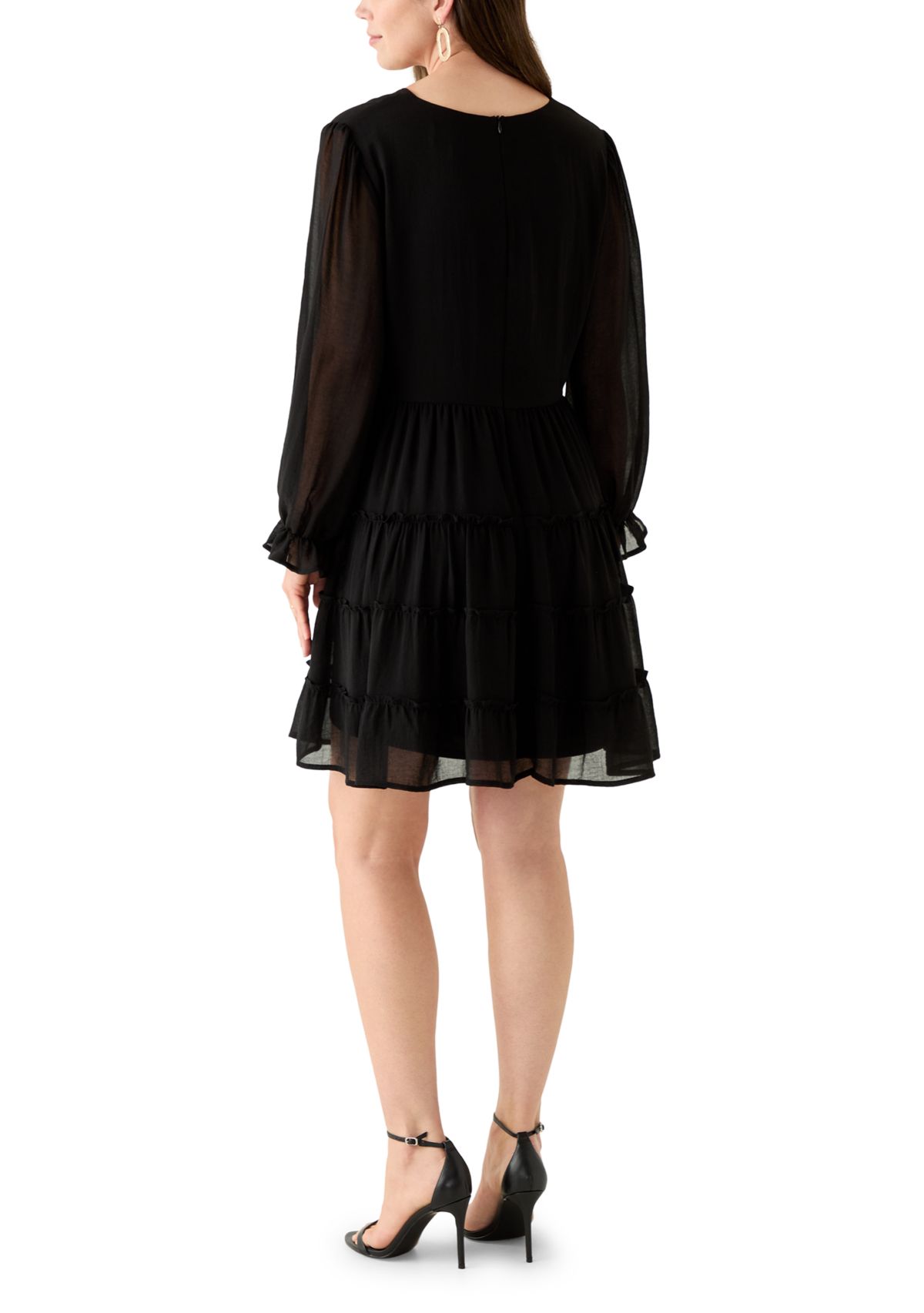 Womens Long Sleeve V-Neck Solid Tier Chiffon Mini Dress