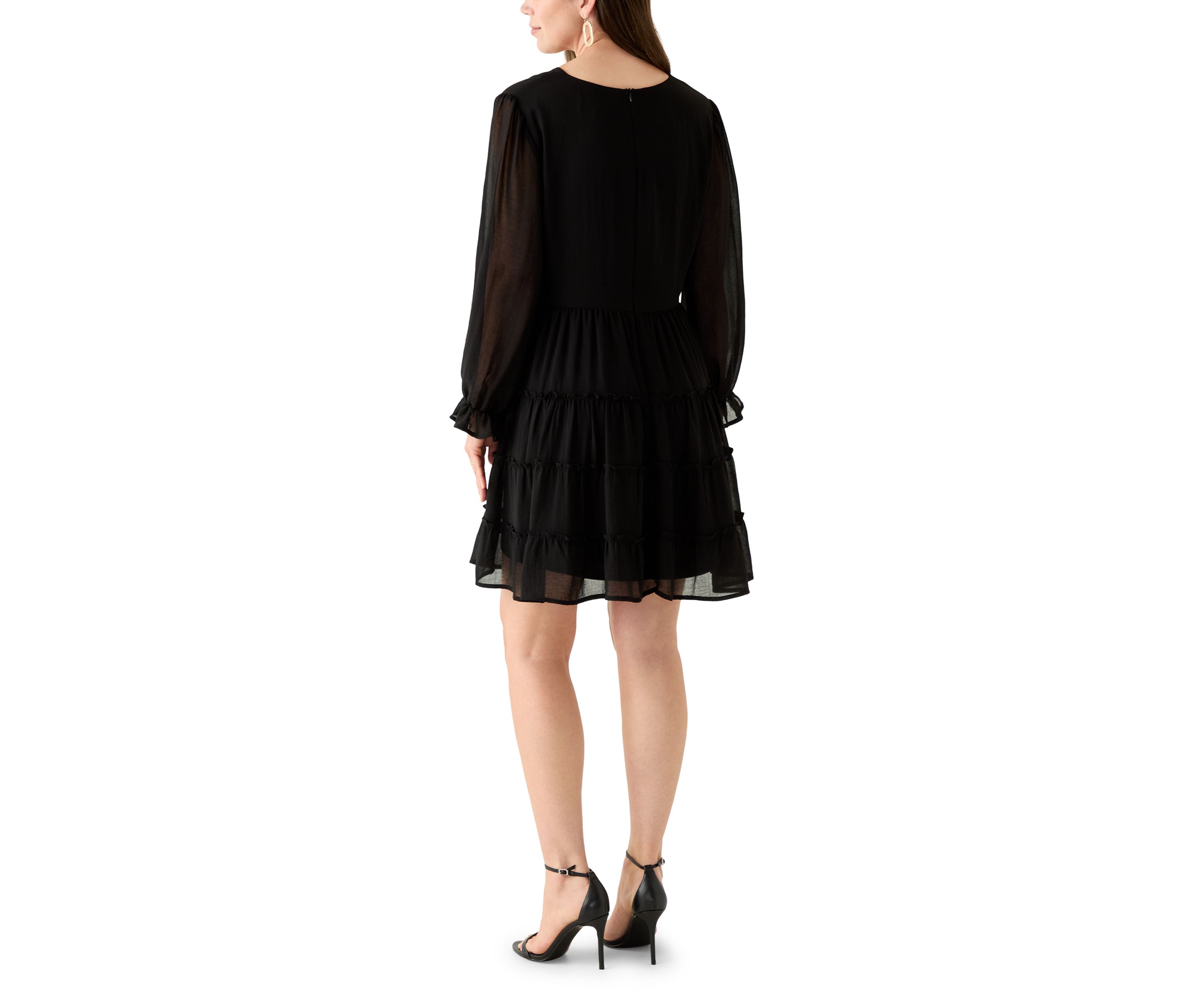 Womens Long Sleeve V-Neck Solid Tier Chiffon Mini Dress
