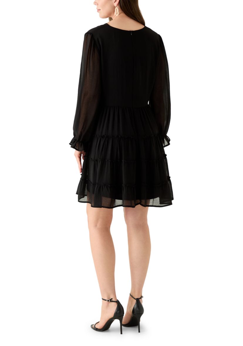 Womens Long Sleeve V-Neck Solid Tier Chiffon Mini Dress
