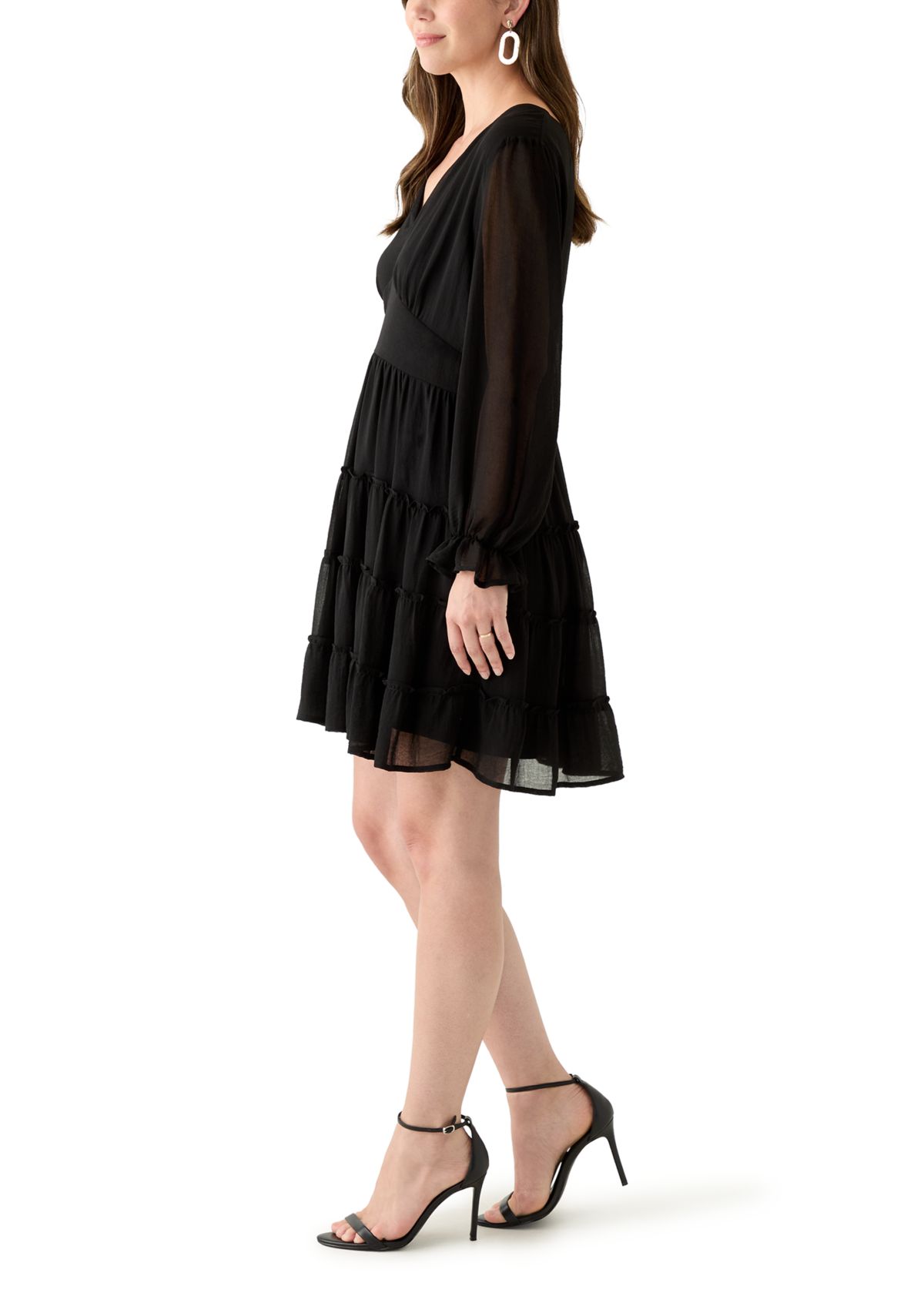 Womens Long Sleeve V-Neck Solid Tier Chiffon Mini Dress