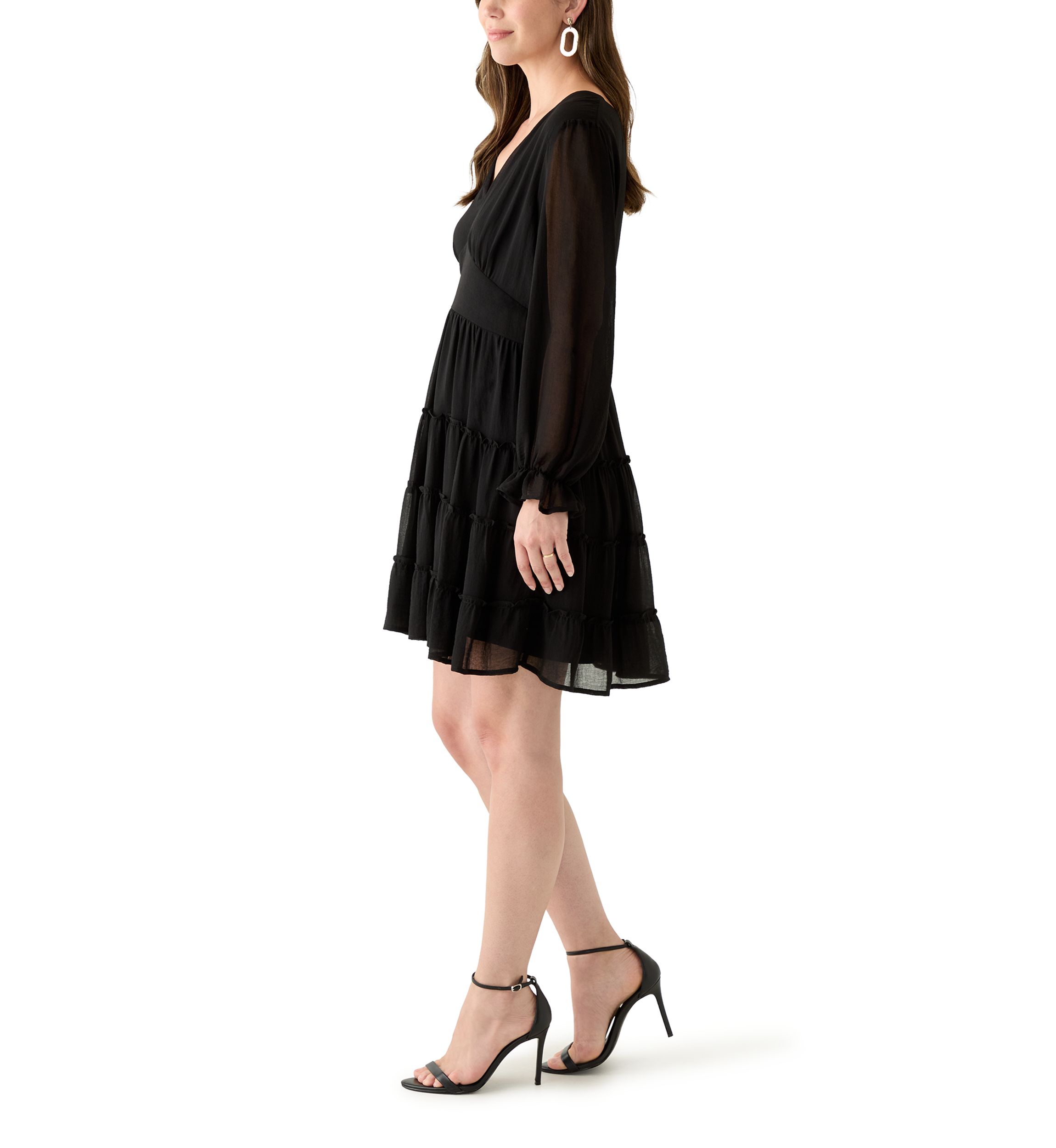 Womens Long Sleeve V-Neck Solid Tier Chiffon Mini Dress