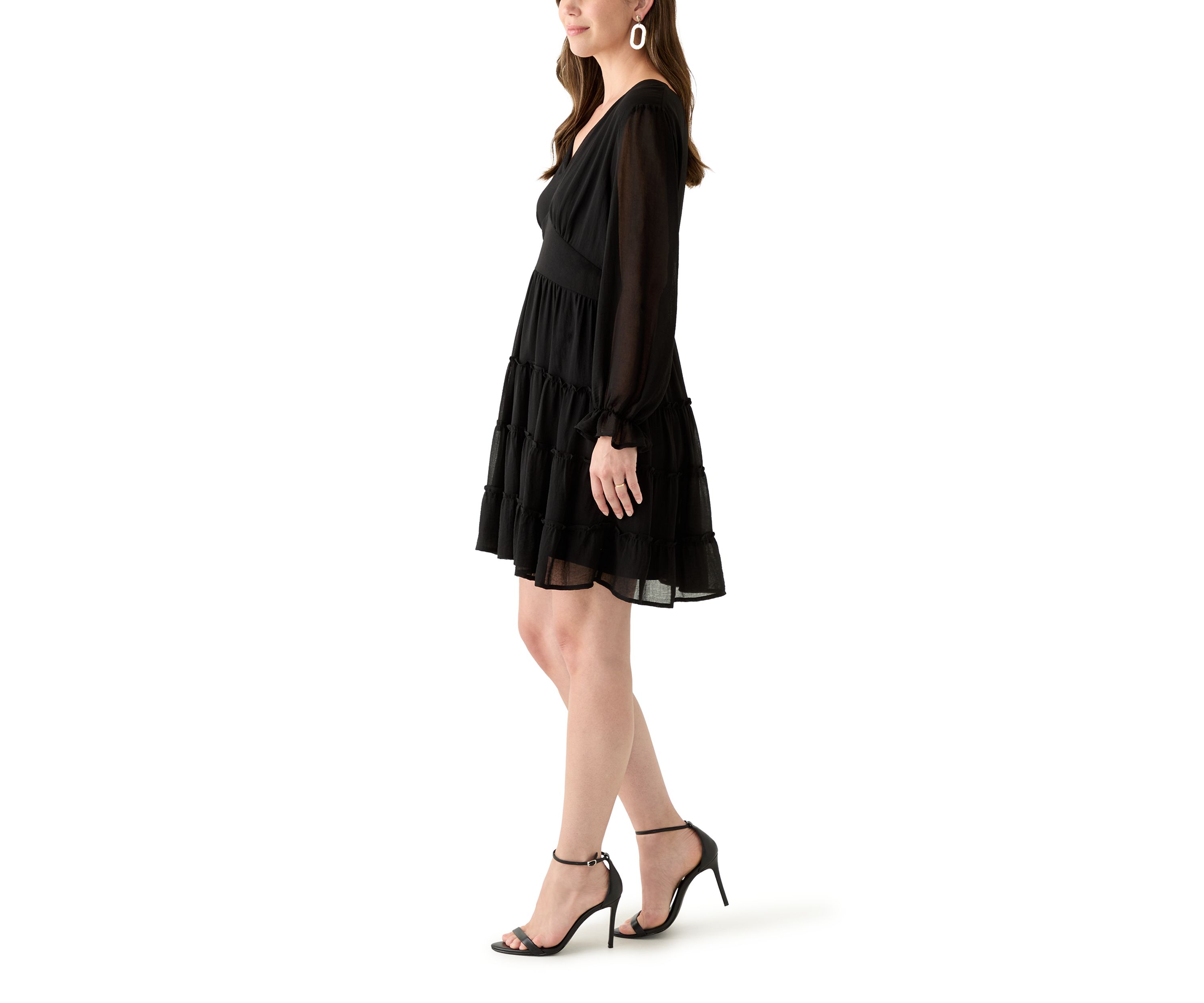 Womens Long Sleeve V-Neck Solid Tier Chiffon Mini Dress