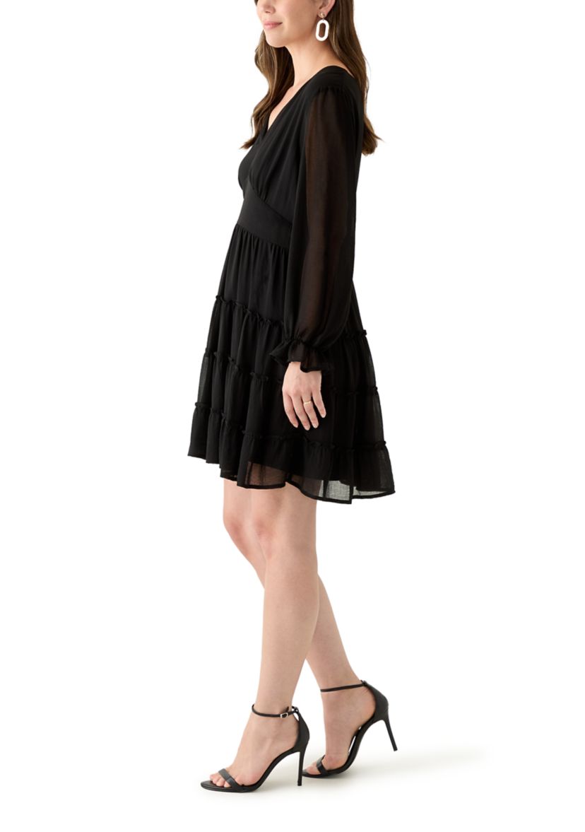 Womens Long Sleeve V-Neck Solid Tier Chiffon Mini Dress