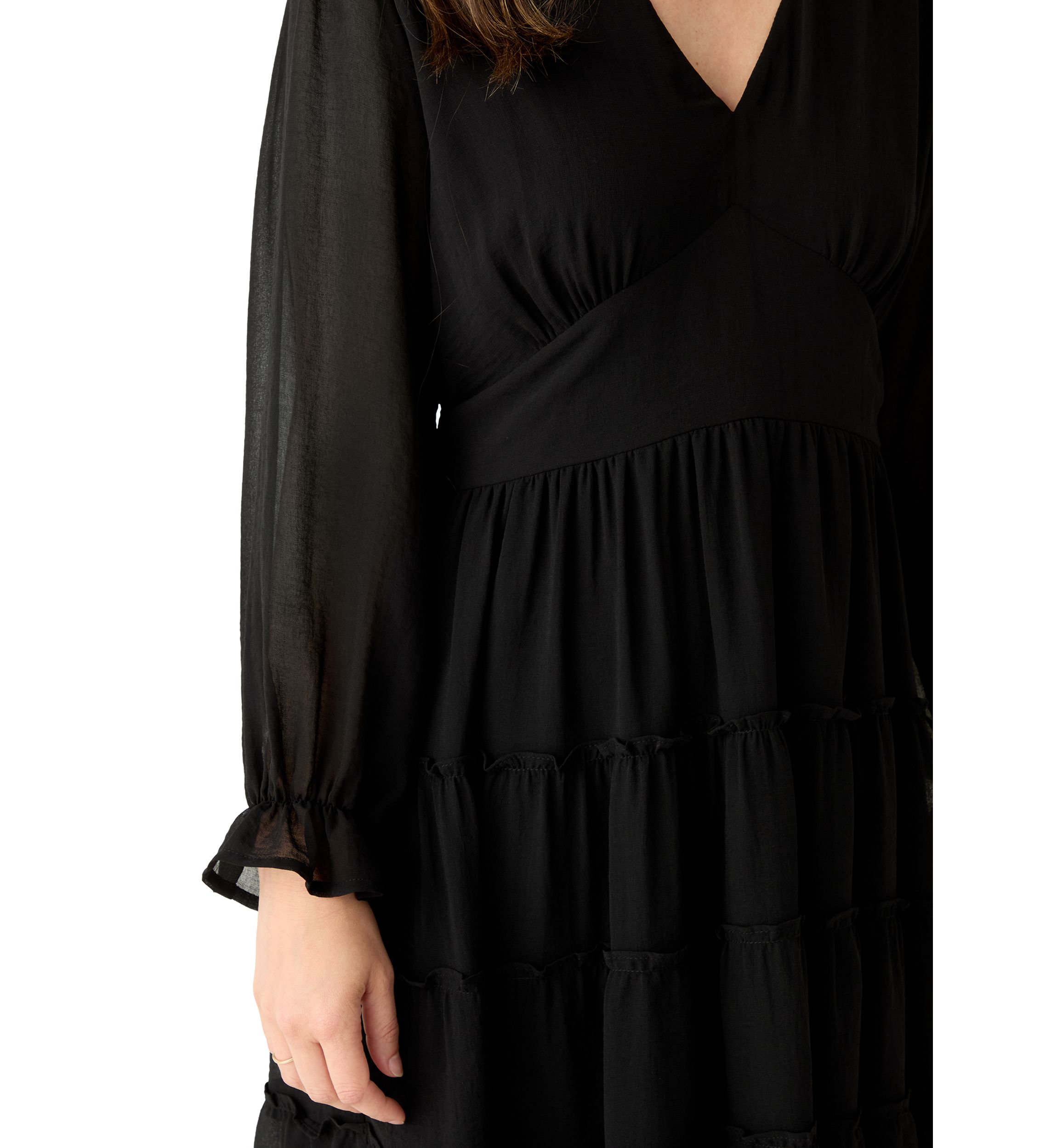 Womens Long Sleeve V-Neck Solid Tier Chiffon Mini Dress