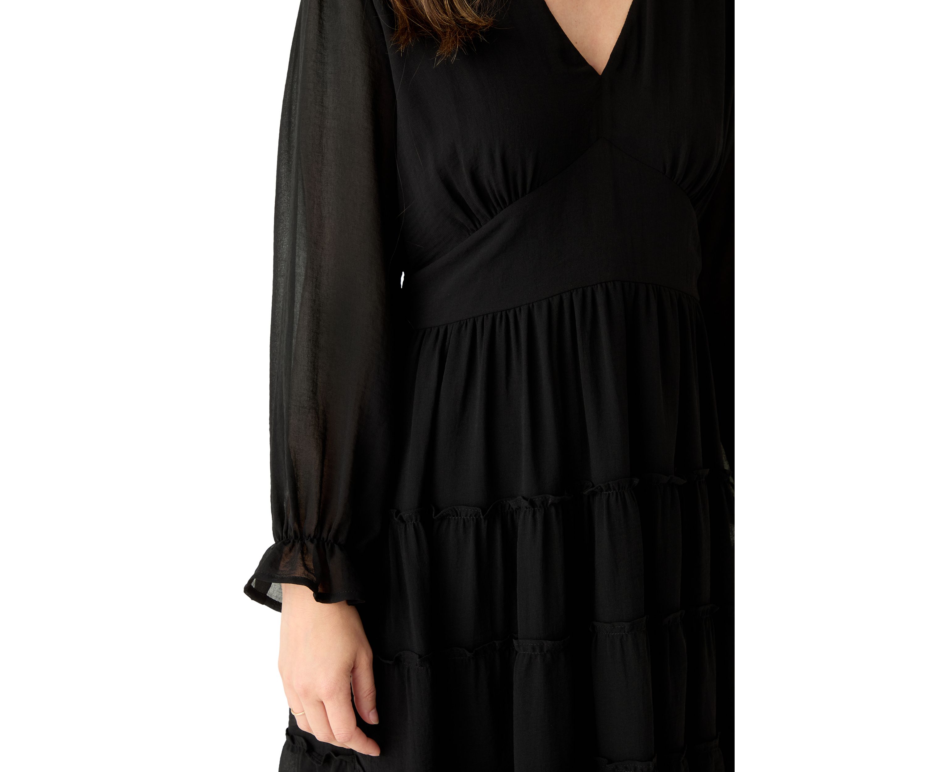 Womens Long Sleeve V-Neck Solid Tier Chiffon Mini Dress