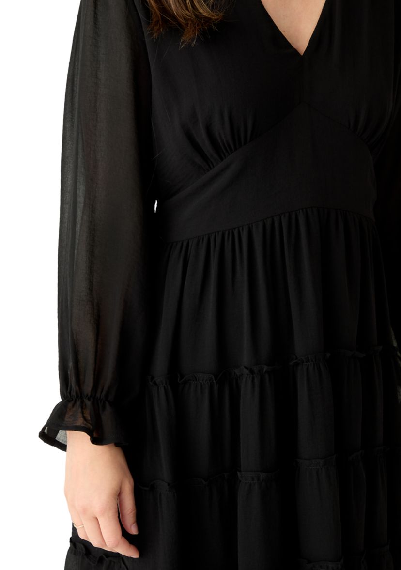 Womens Long Sleeve V-Neck Solid Tier Chiffon Mini Dress