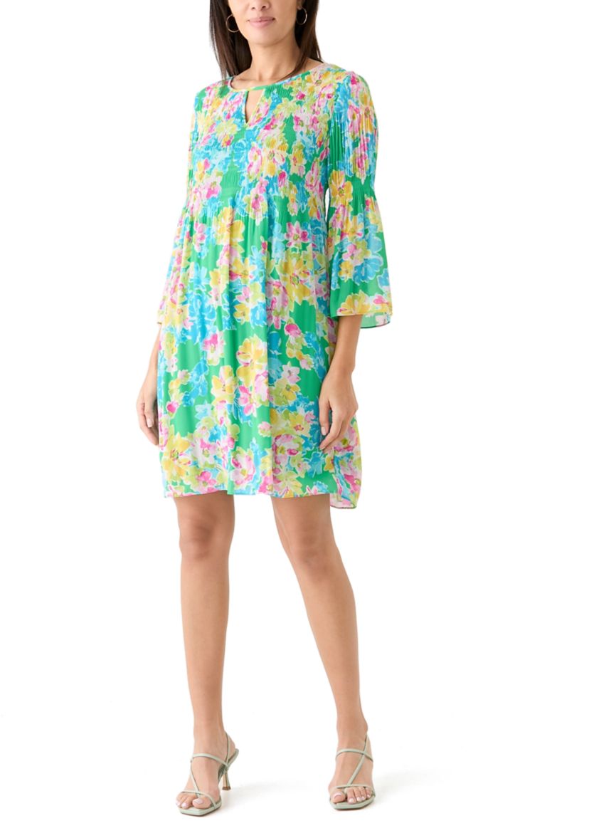 Womens 3/4 Sleeve Keyhole Neck Floral Print Dress